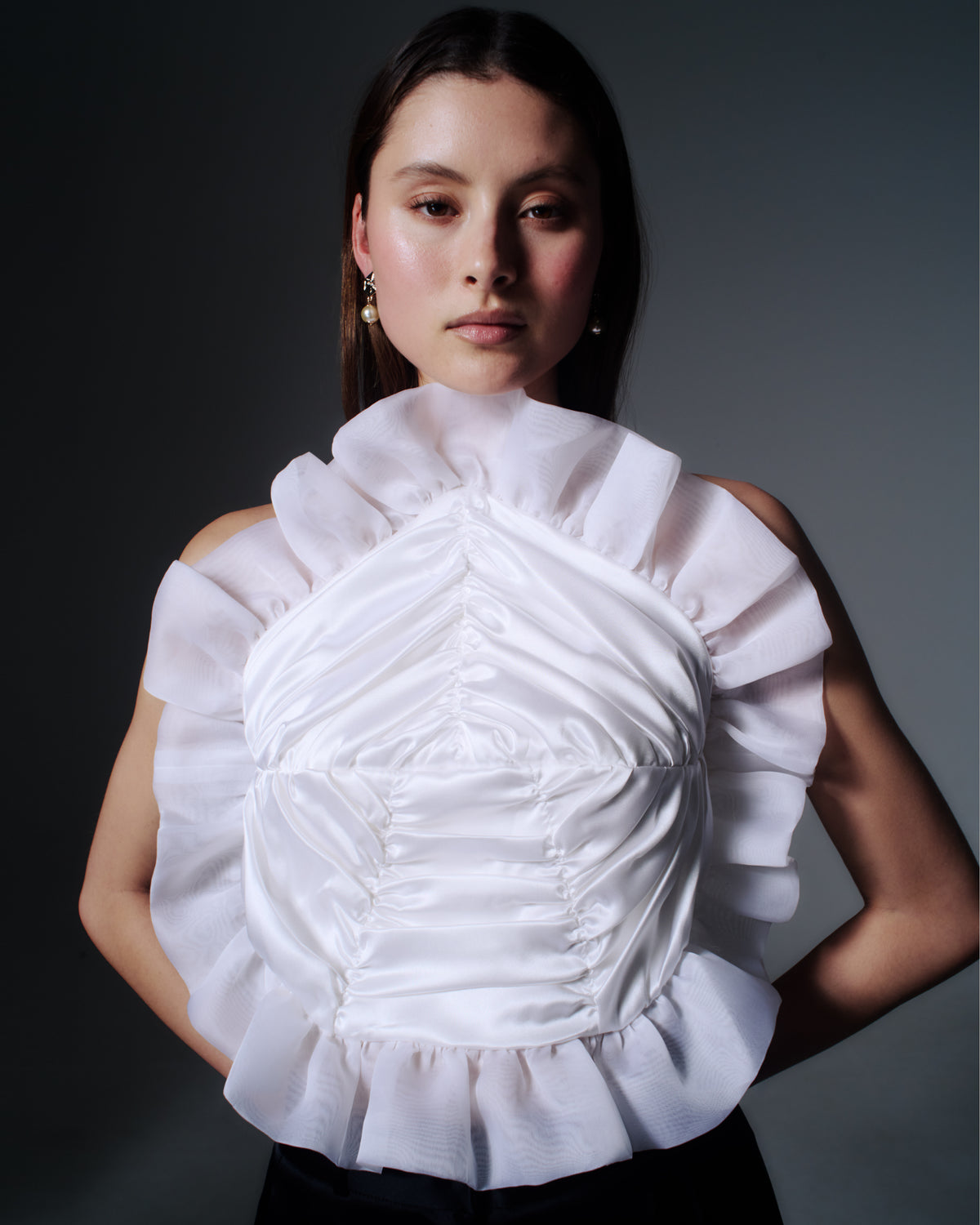 Royal Top in ivory Silk Satin and Silk Organza