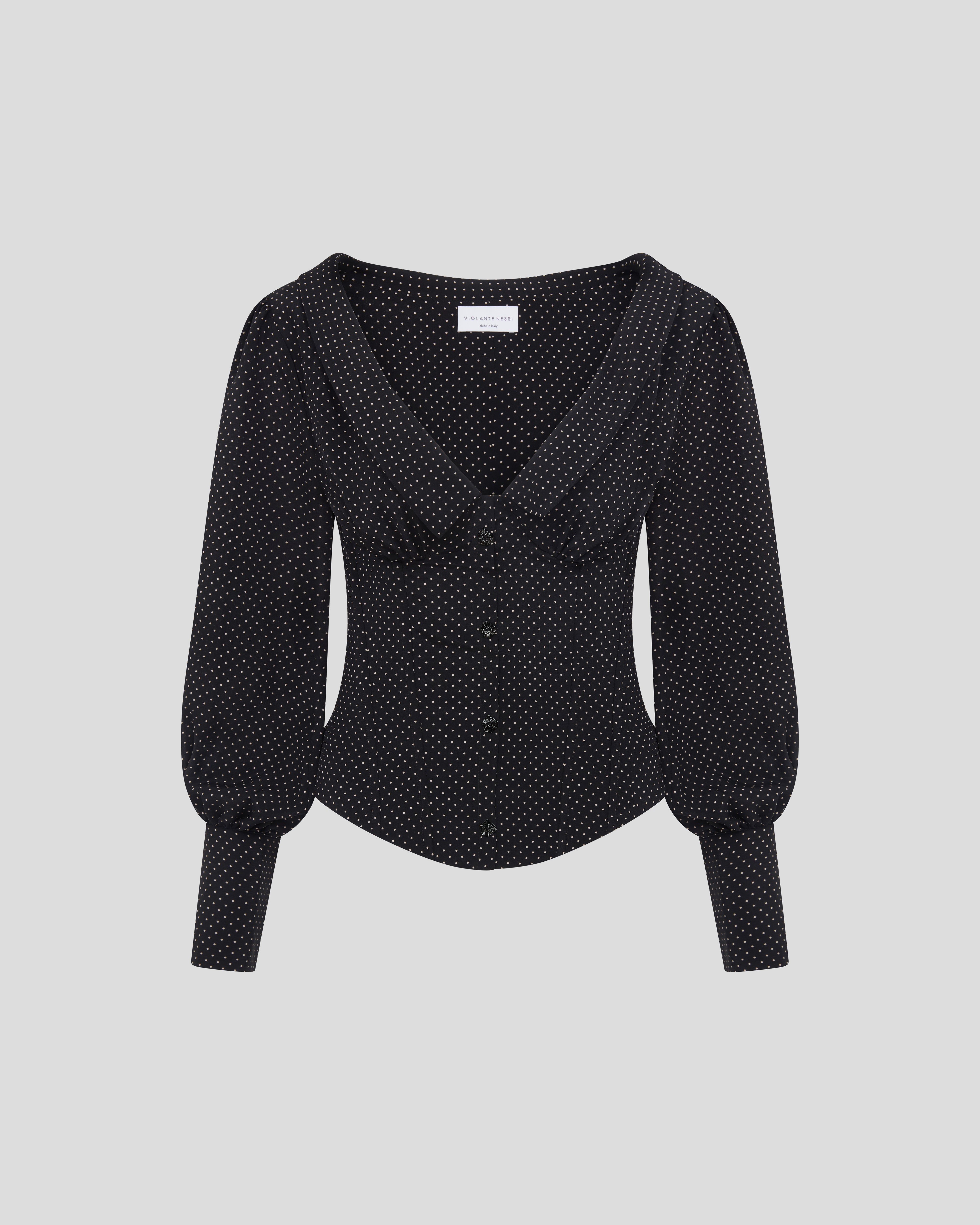 Amber blouse in polka-dot silk with sculptural shoulders