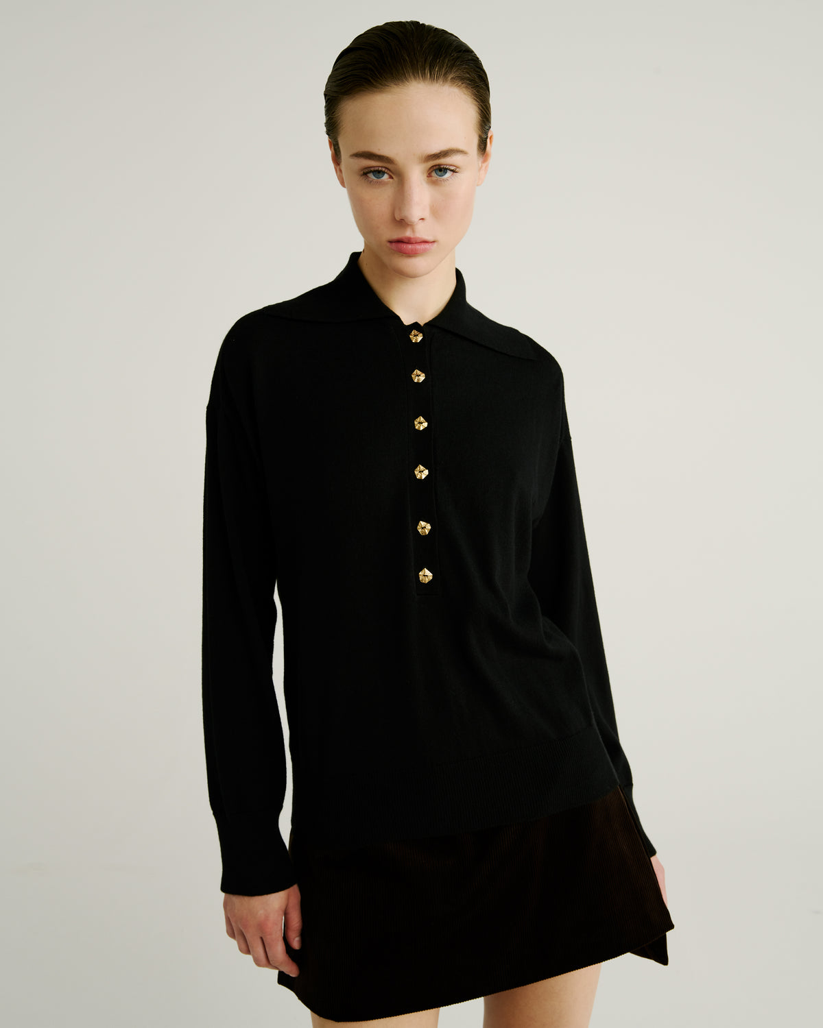 Ansel Knit Polo Sweater in black Cashmere-Cotton