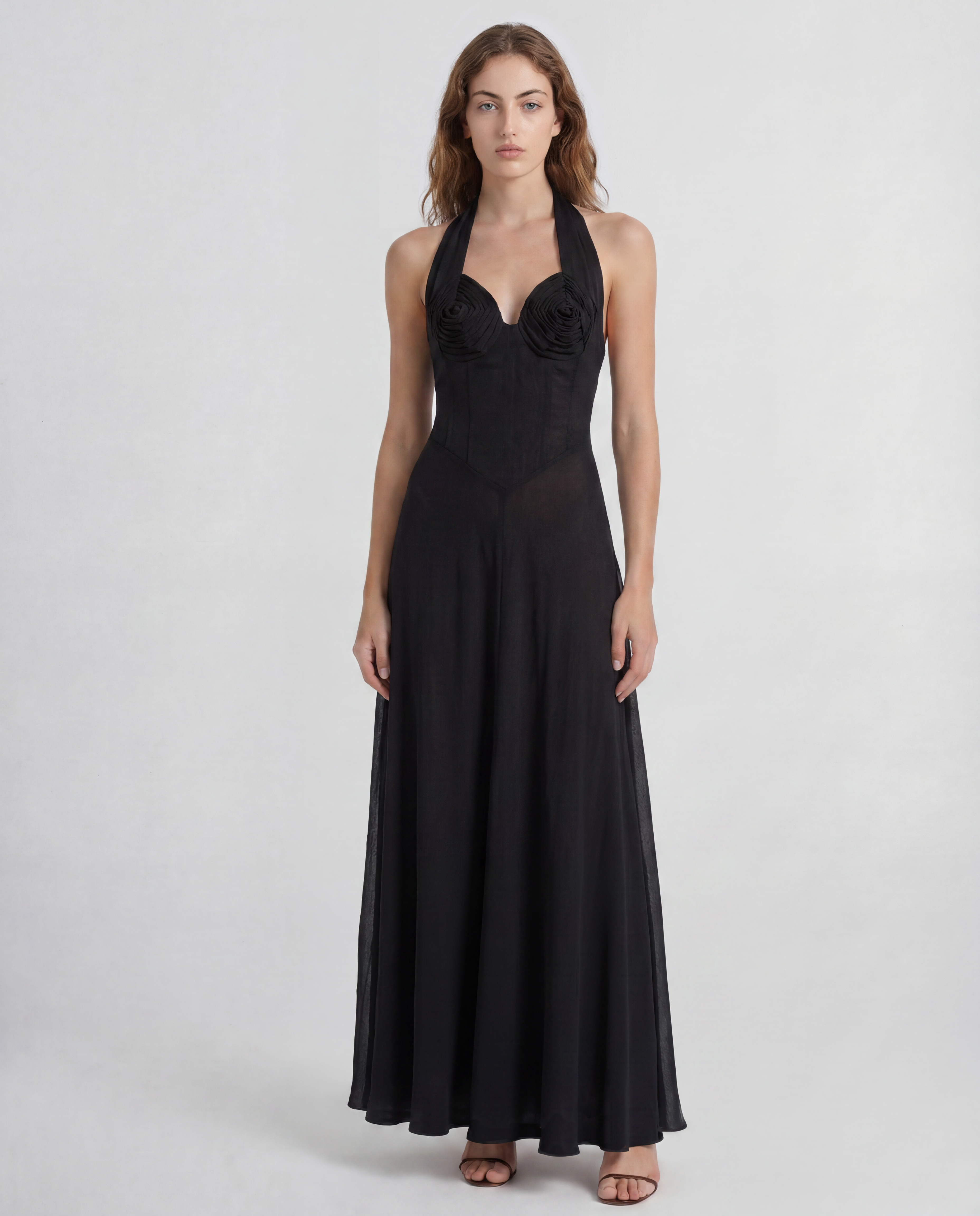 Anya silk dress with a sculptural halterneck and boning