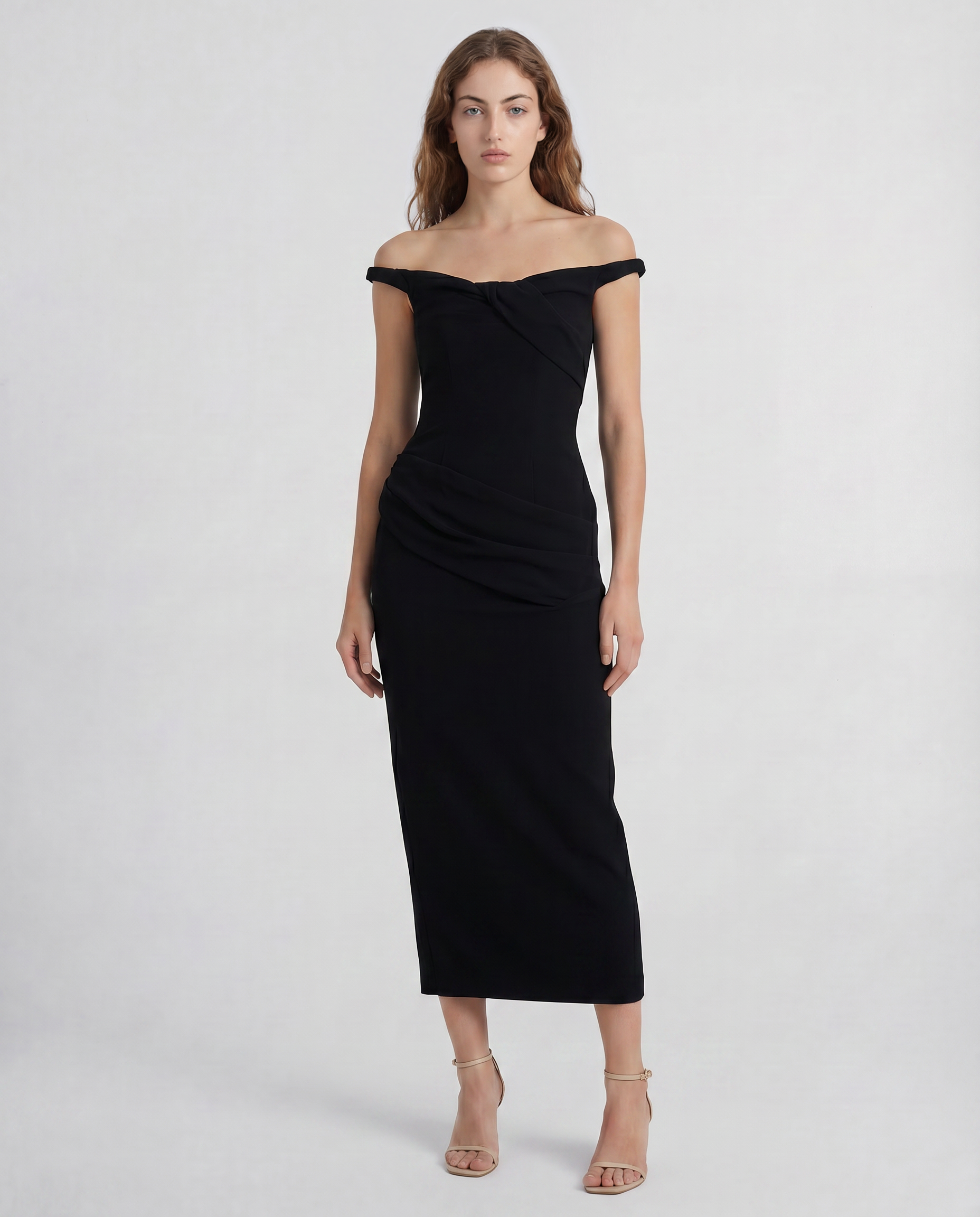 Aurel Dress in black evening crepe with sculpting corsetry