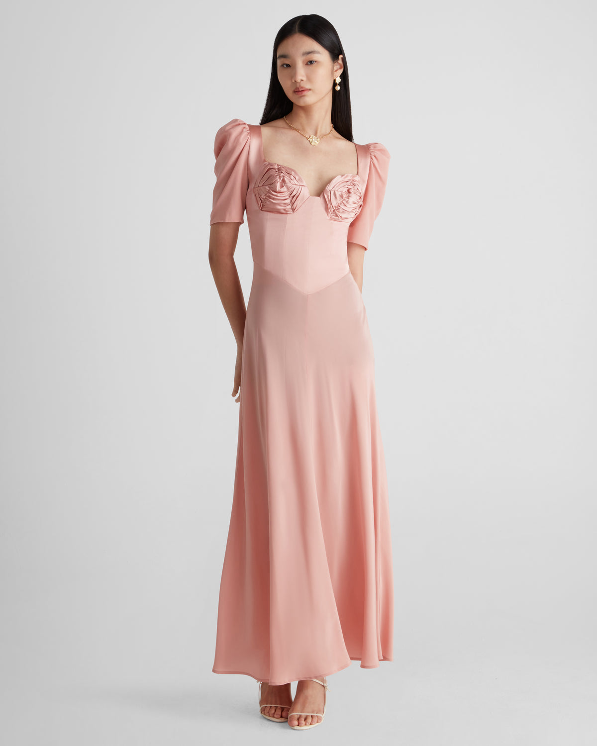 Baccarat silk dress with sculptural sleeves and embroidery