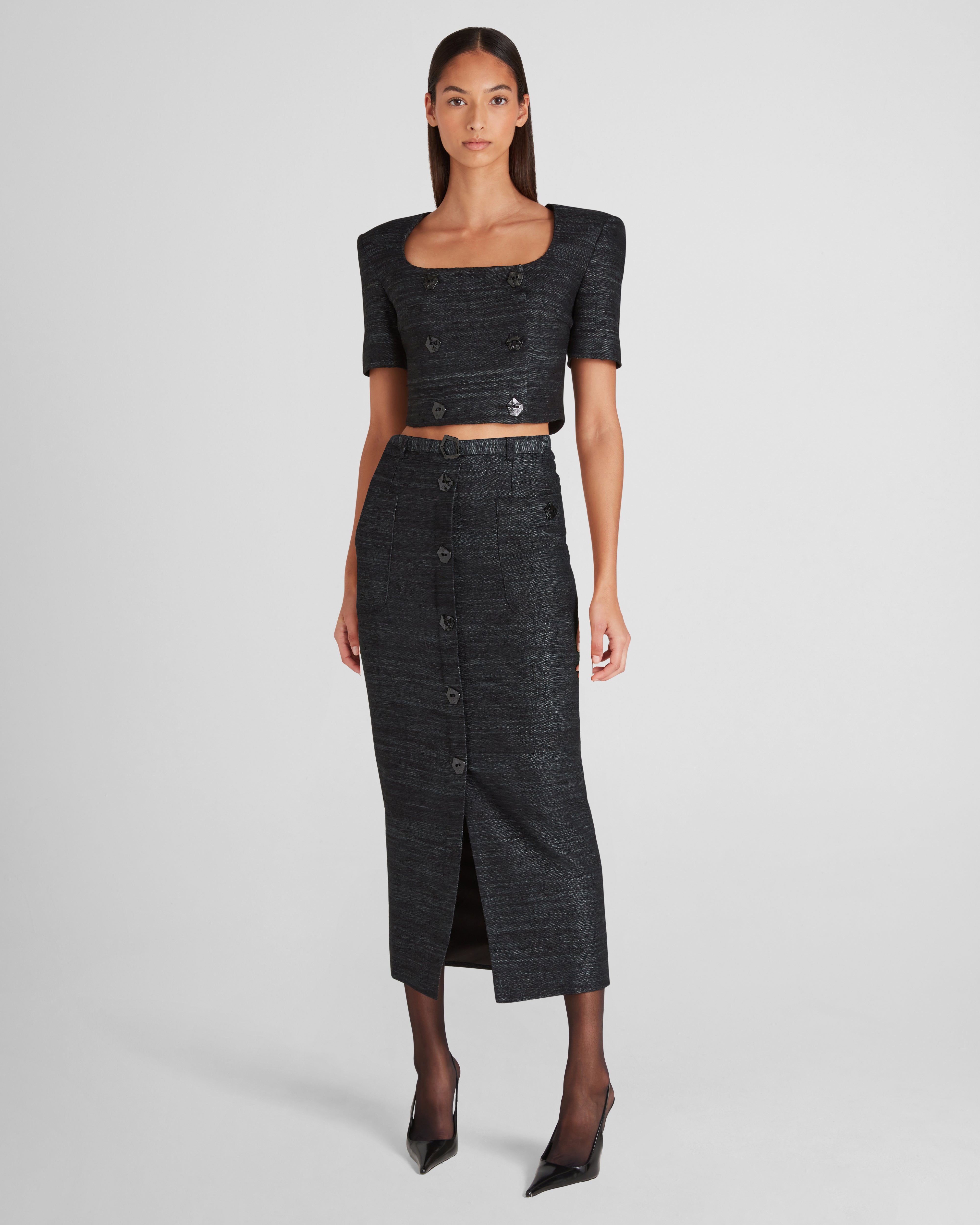 Vittoria top in silk tweed with a sculptural mock-neck