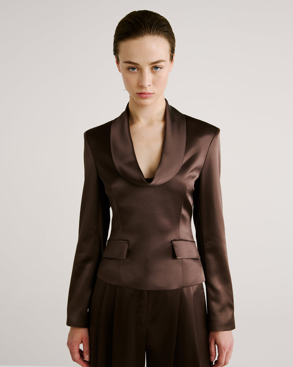 Kendall Blouse in brown Cady Satin