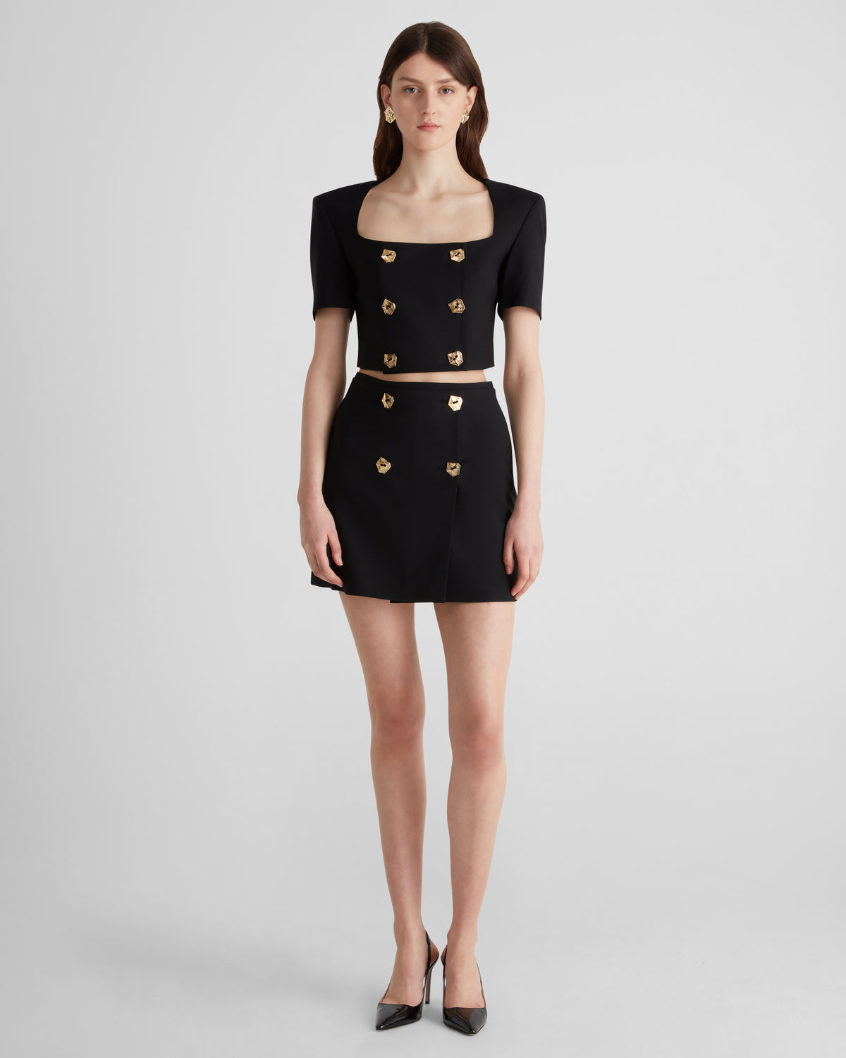 Vittoria Cropped Top in crepe wool with structured sleeves