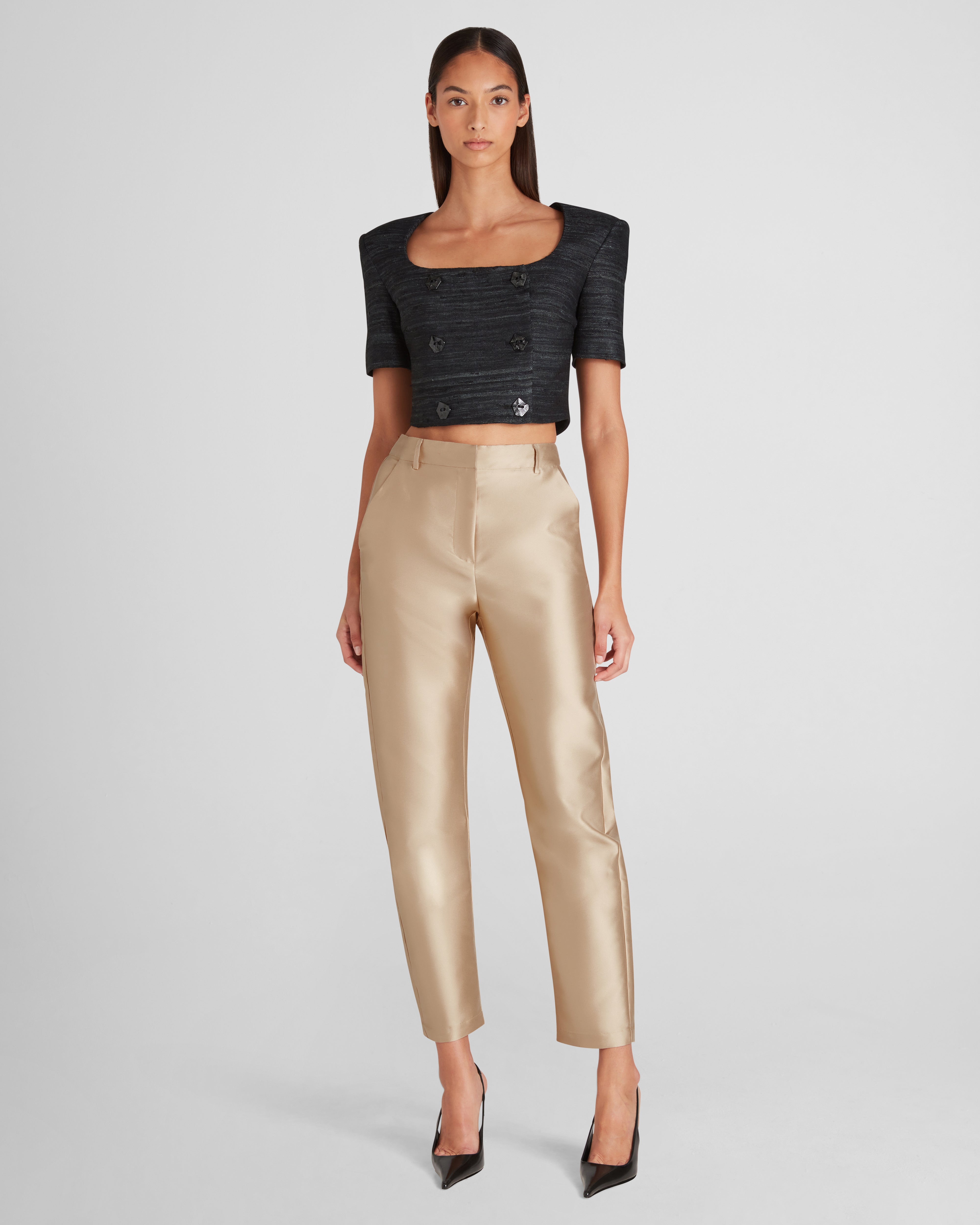 New York trousers in sculptural straight-leg silk mikado