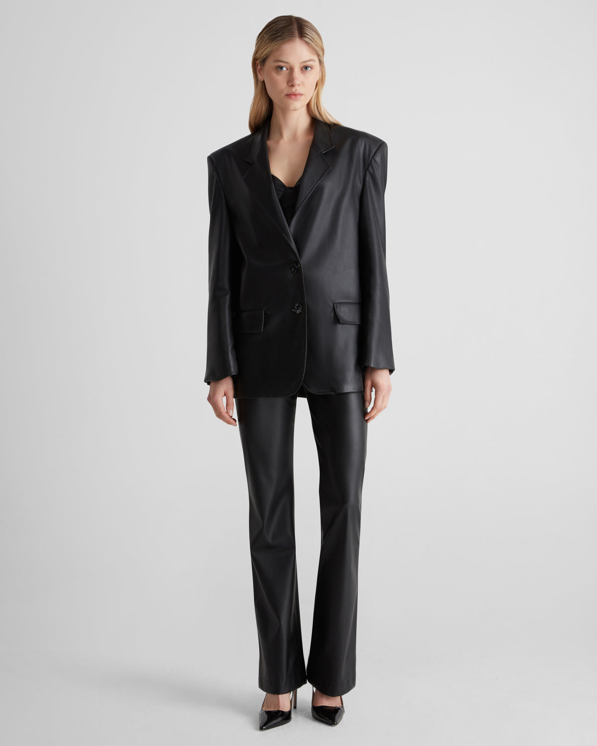 Alviani eco-leather blazer with sculptural padded shoulders