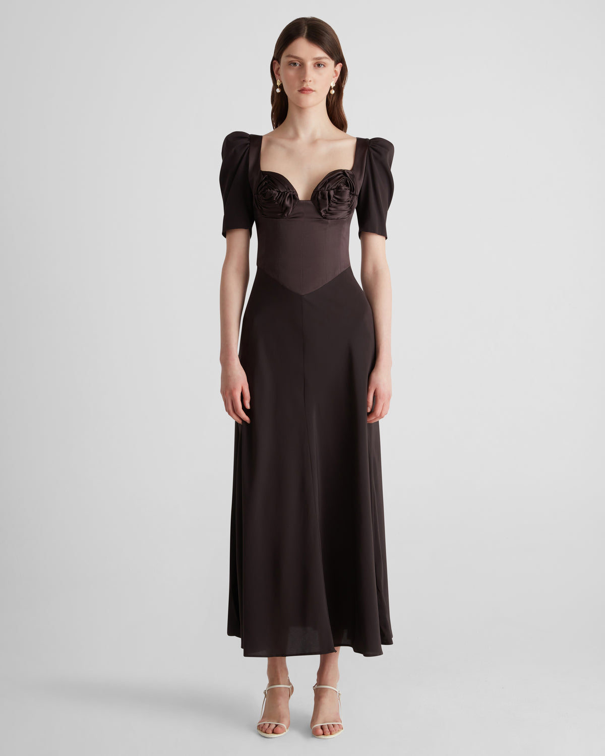 Baccarat dress in silk satin with sculptural sleeves