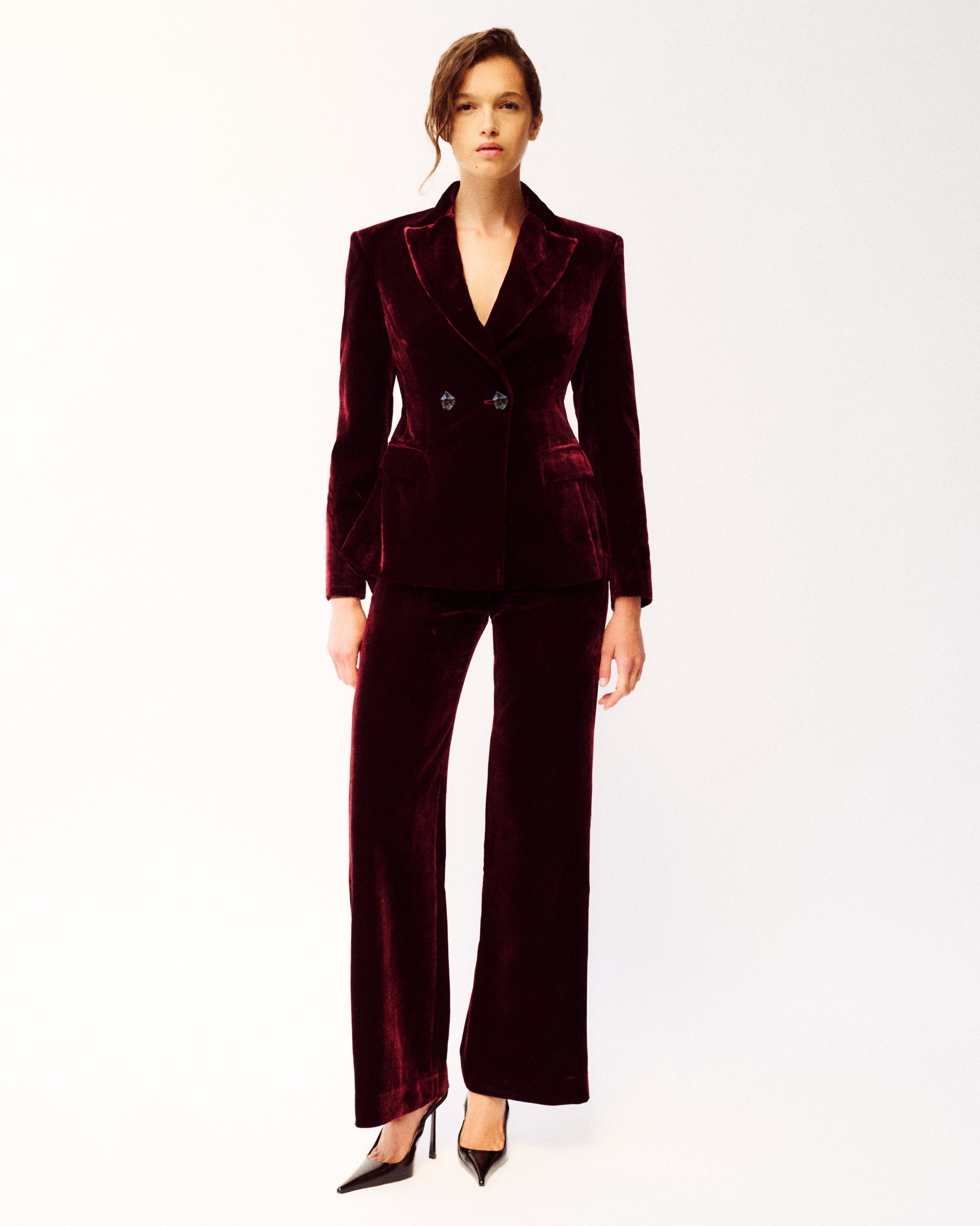 Burri Double-breasted Blazer in burgundy Silk Velvet