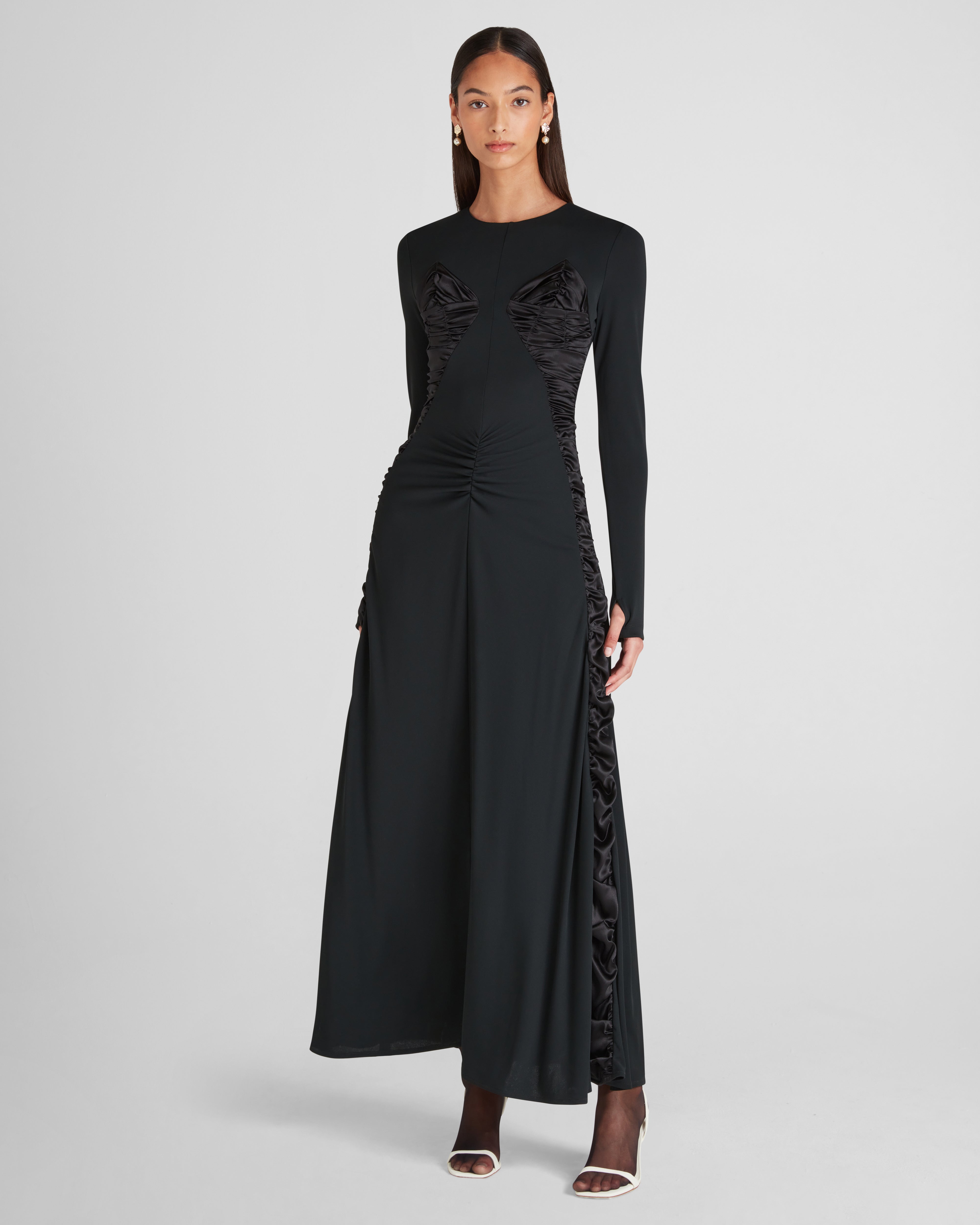 Mengoni maxi dress with sculptural silk and a boat neckline