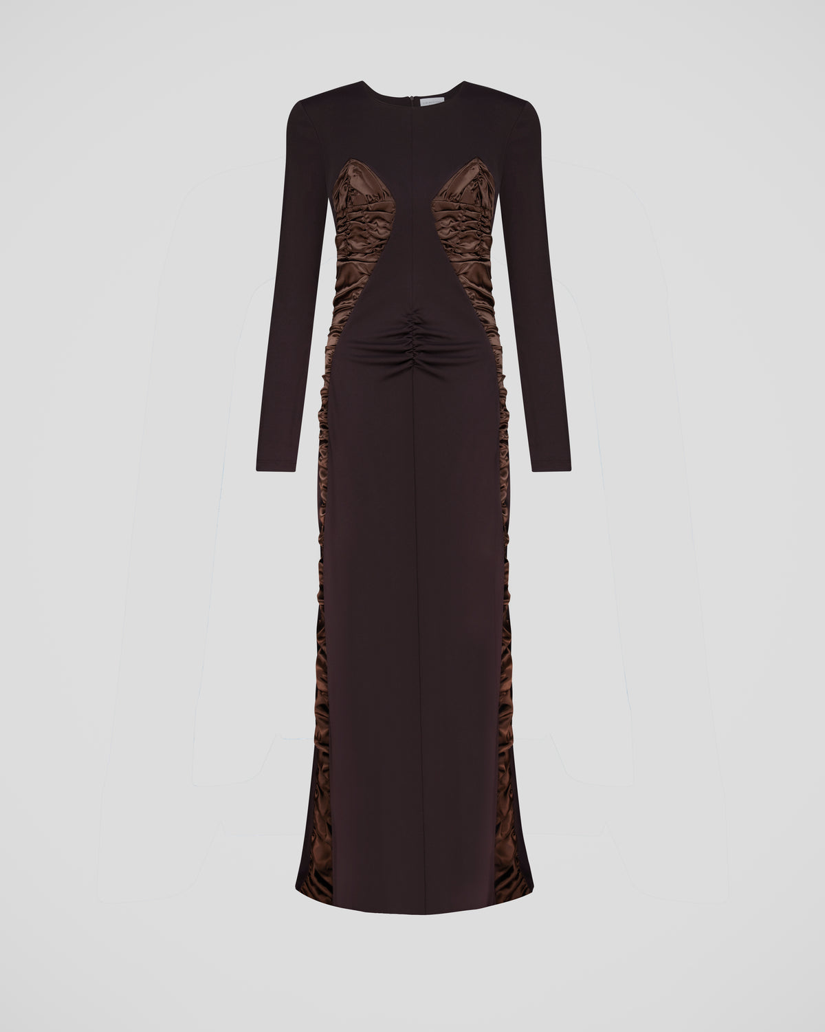 Mengoni evening dress in sculptural crepe and ruched silk