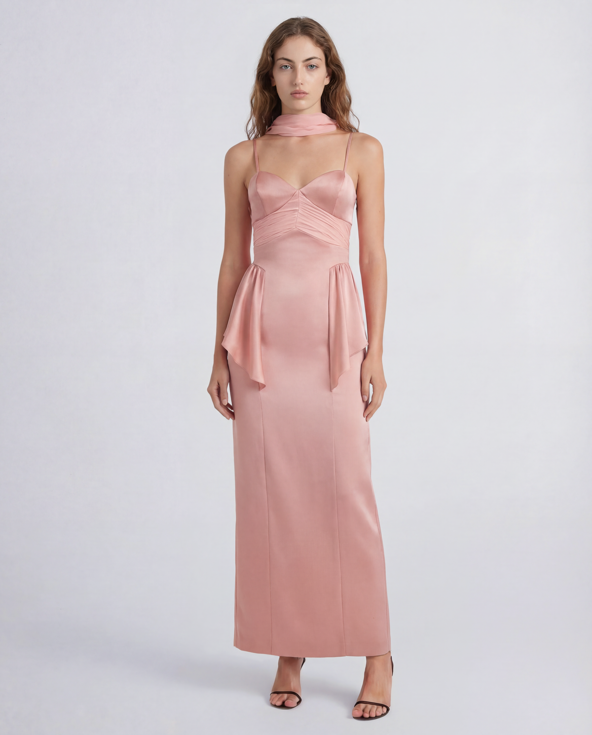 Newton dress in sable cady with ruched silk panels and a removable scarf