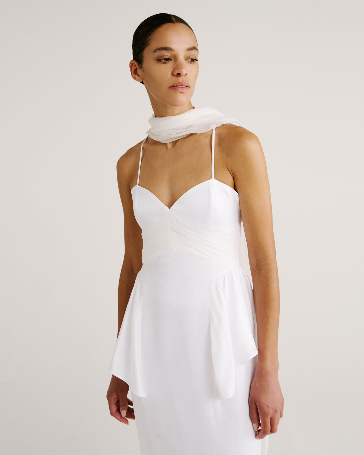 Newton Dress in white Sable Cady and Silk Creponne