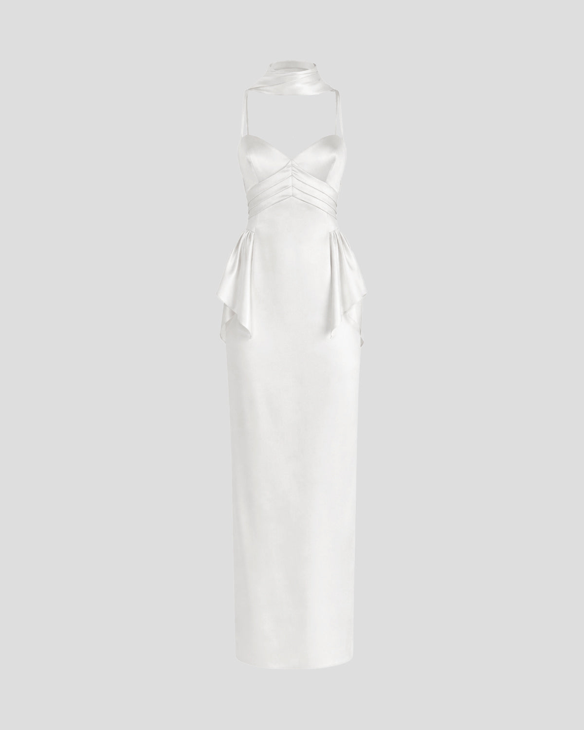 Newton dress in sable cady with ruched silk panels and a removable scarf