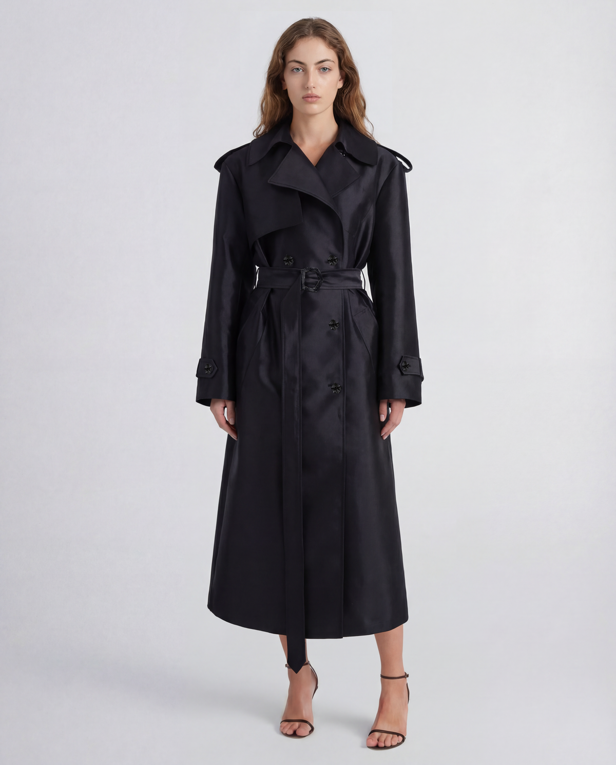 Norah trench coat with a sculptural silk mikado silhouette