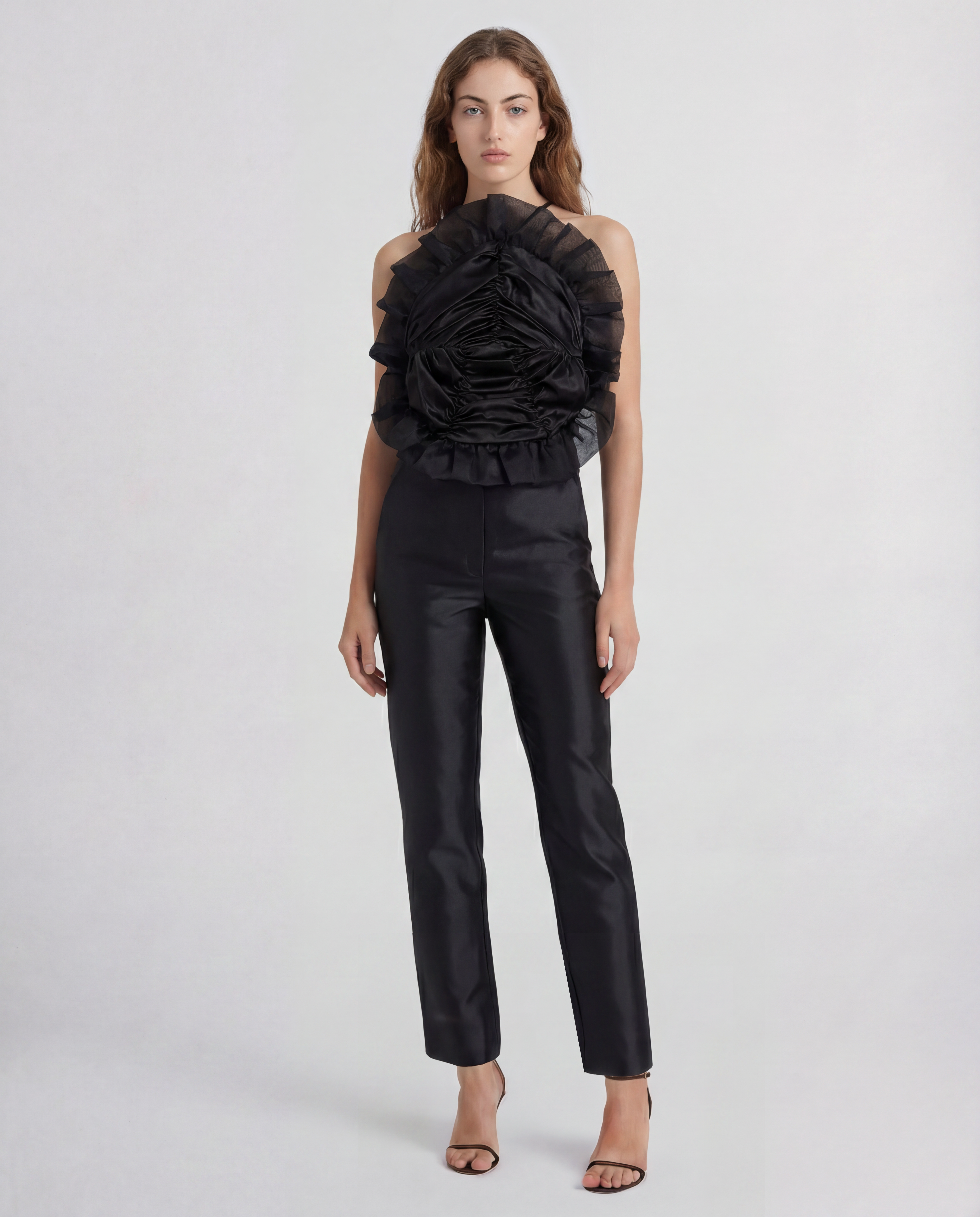 Royal halterneck top in sculptural silk satin and organza