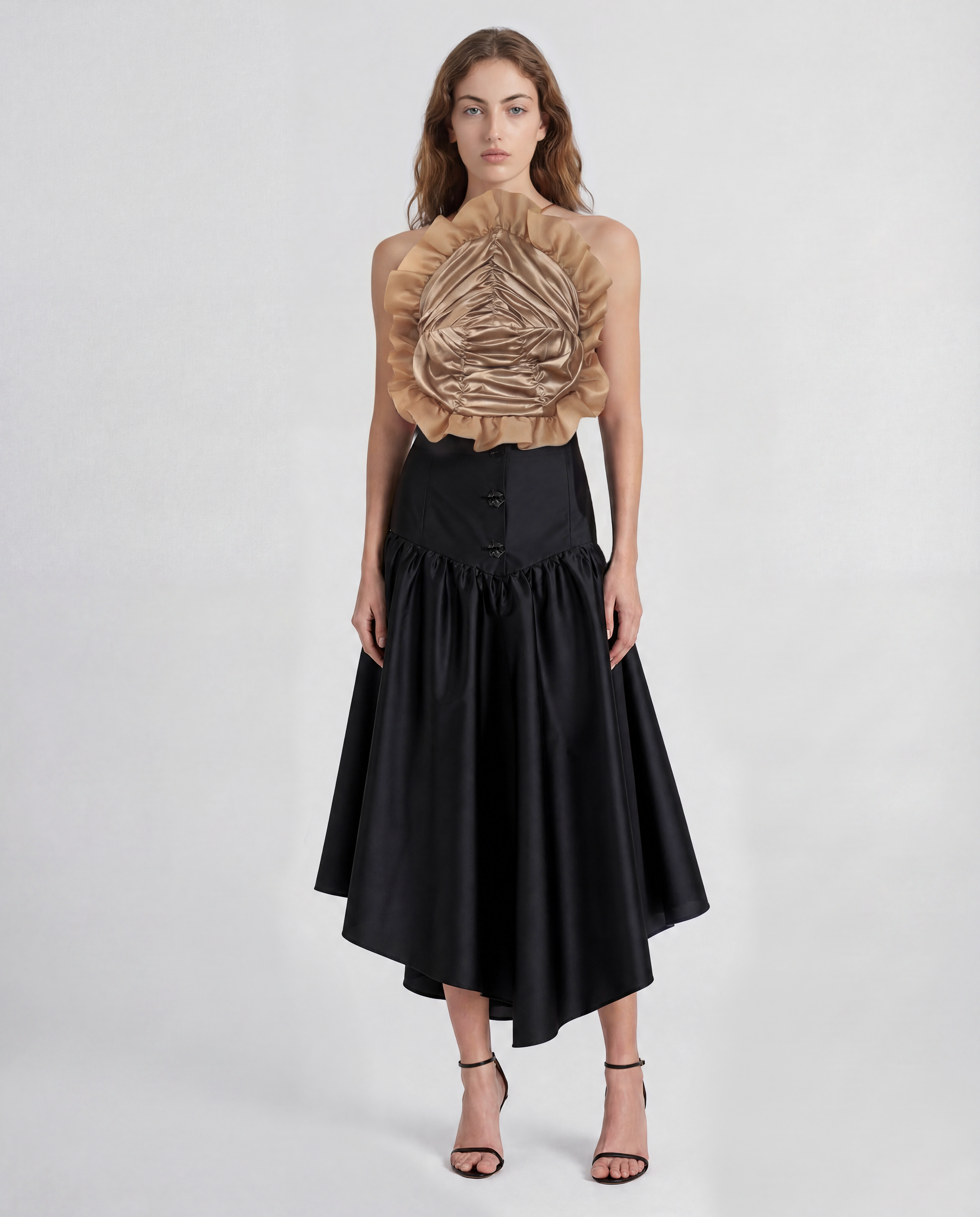Royal top in sculptural silk satin and embroidered organza