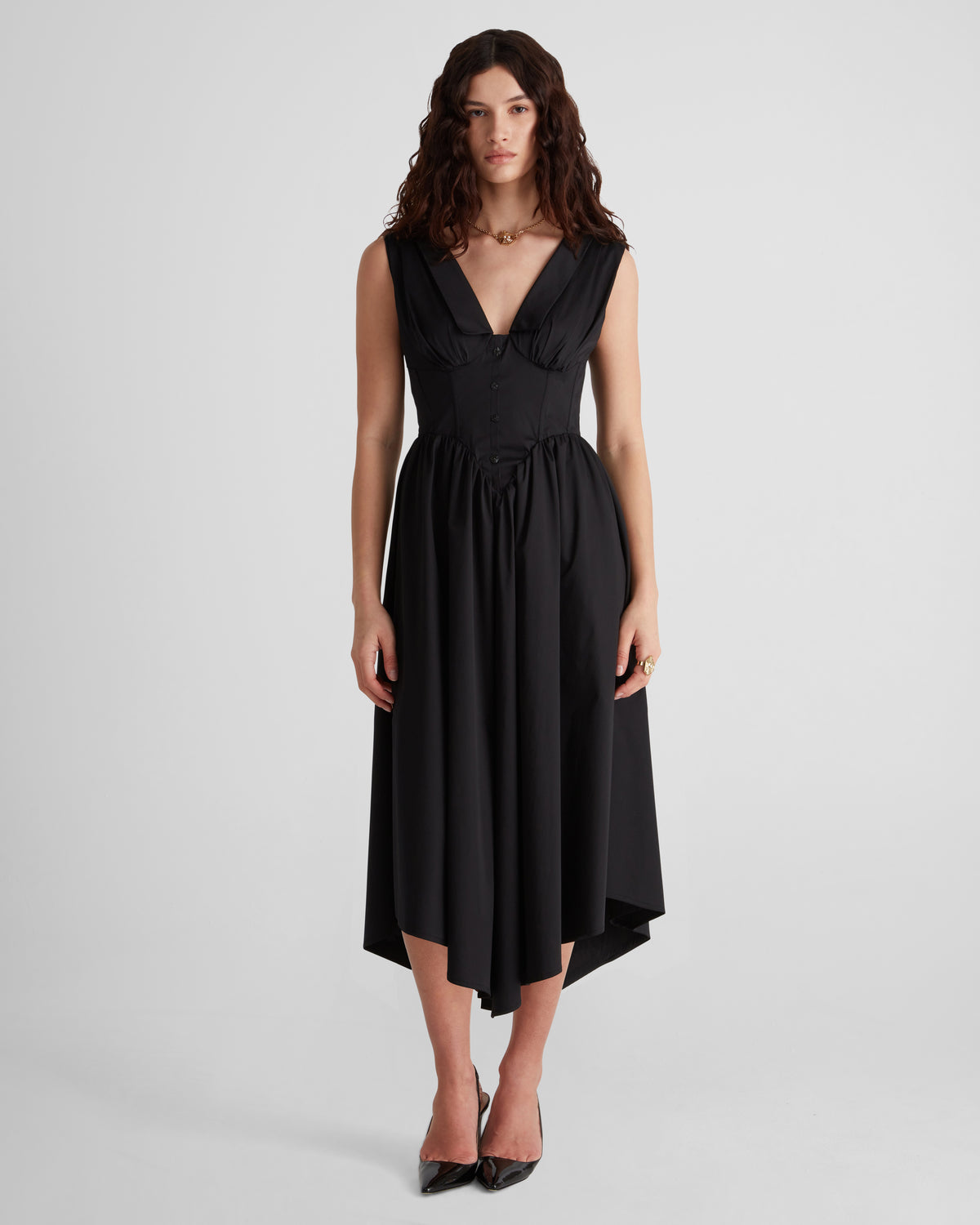 Santos Long Dress in satin cotton with a shaped corset