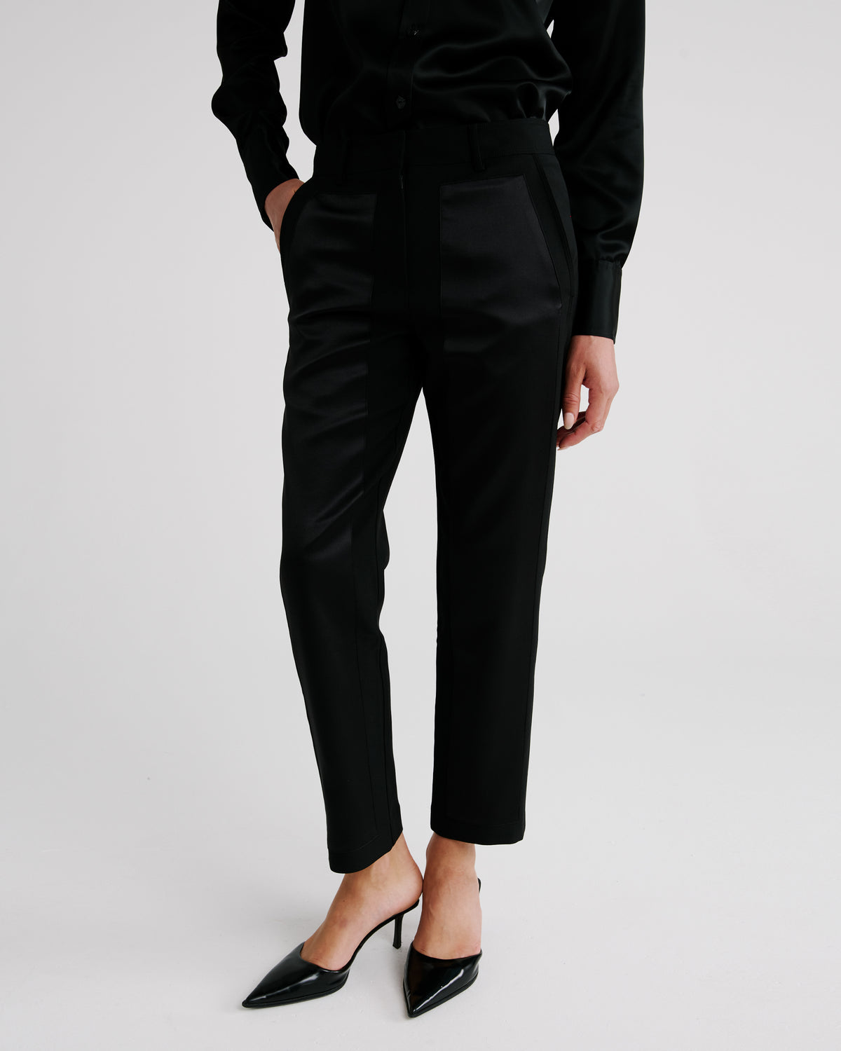 Scheggi Trousers in black Silk Satin and Wool Crepe