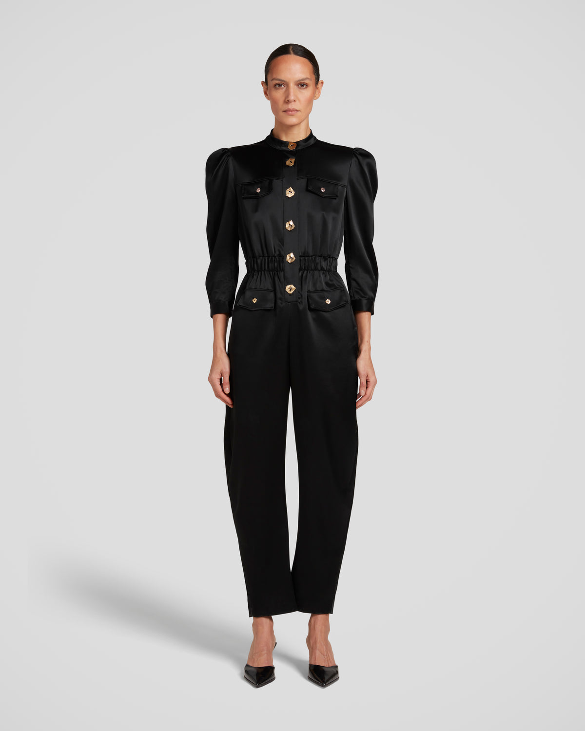 Seurat jumpsuit in cady satin with sculptural shoulders