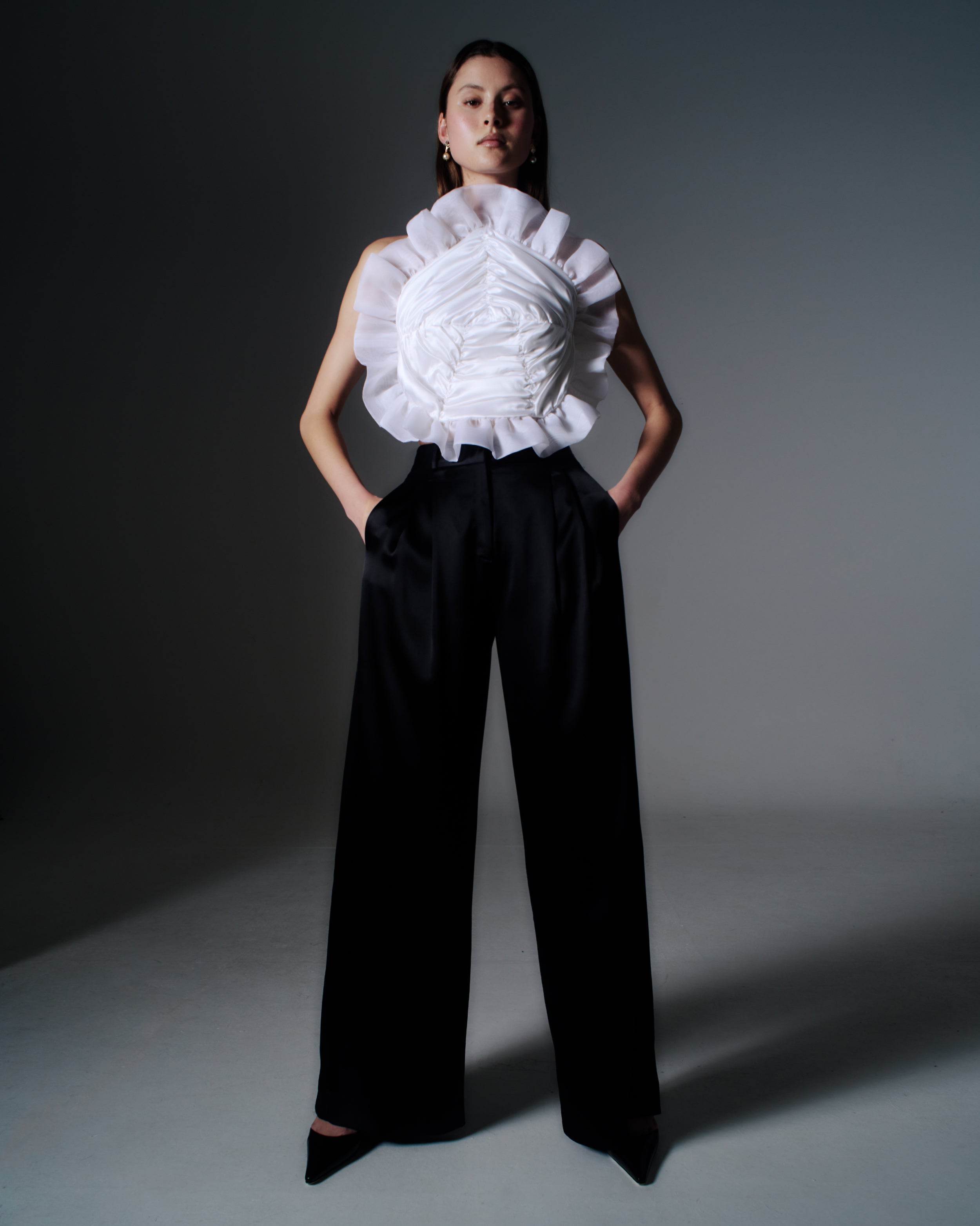 Royal halterneck top in silk satin and sculptural organza
