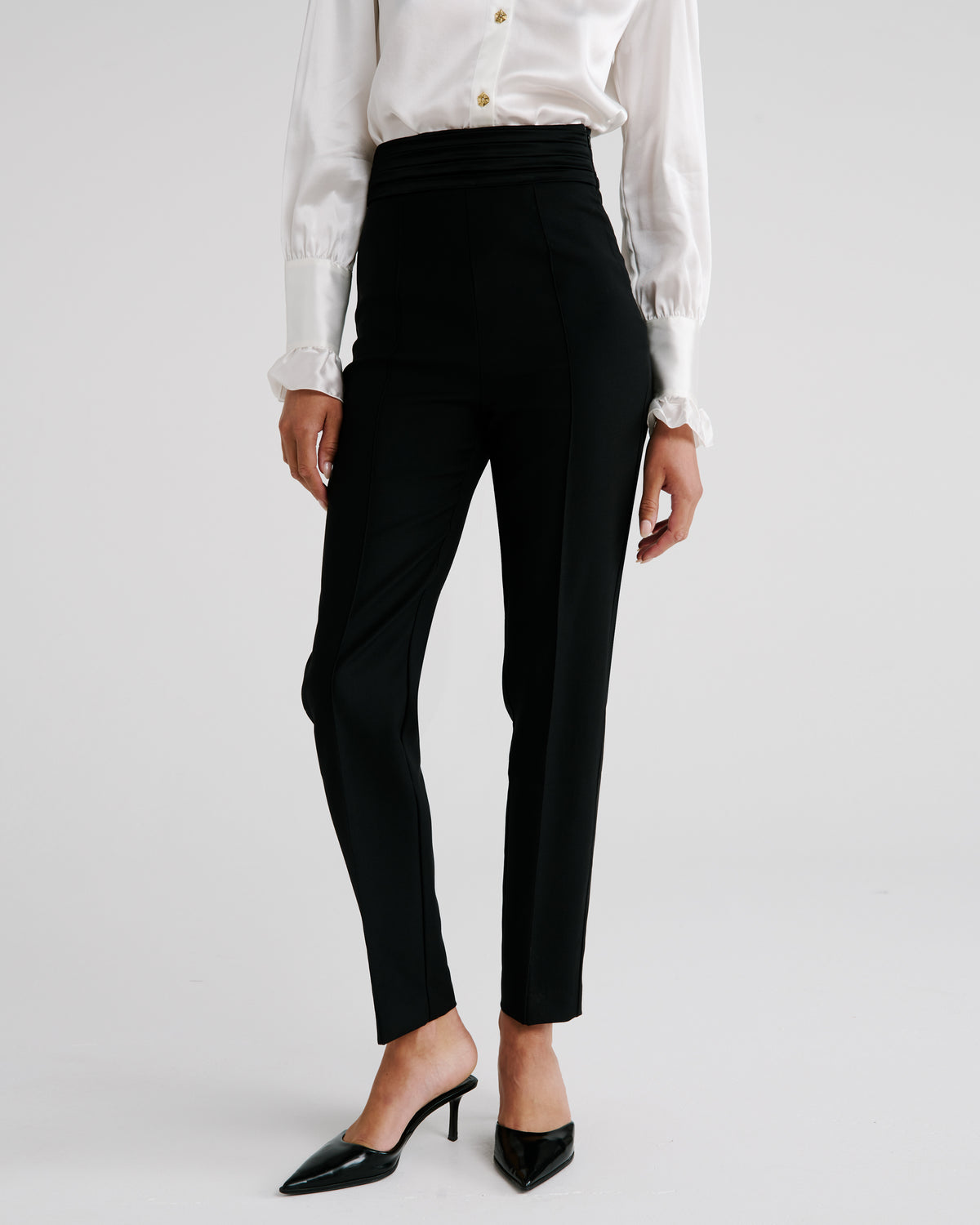 Otero Trousers in black Wool Crepe and Cady Satin