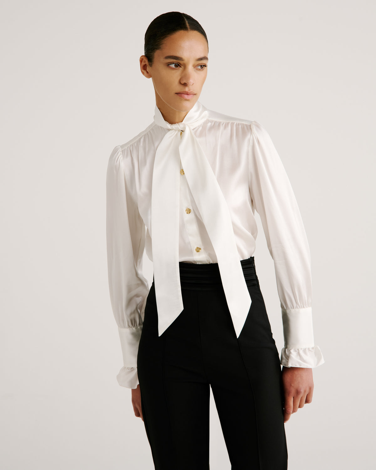 Otero Trousers in black Wool Crepe and Cady Satin