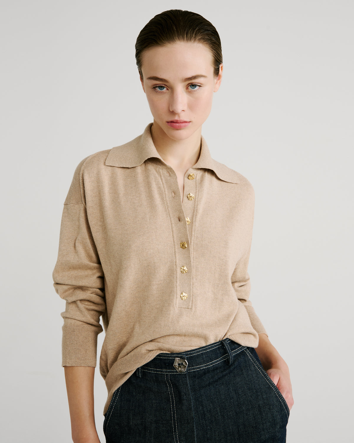 Ansel Knit Polo Sweater in beige Cashmere-Cotton