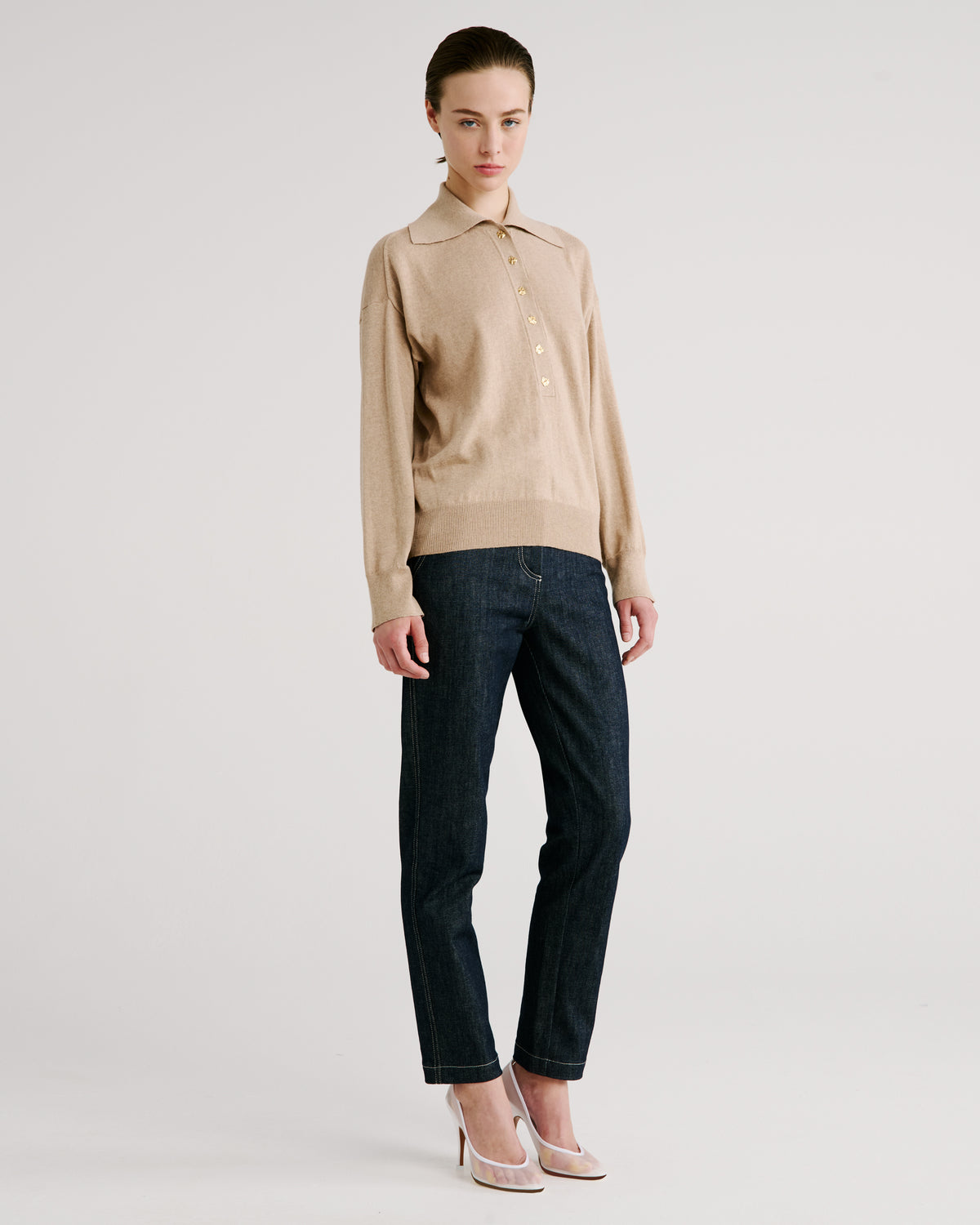 Ansel Knit Polo Sweater in beige Cashmere-Cotton
