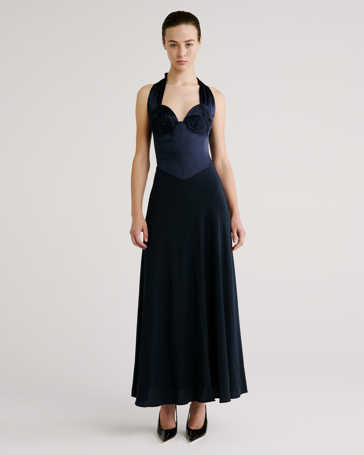 Anya Dress in blue Silk Satin & Silk Crêpe De Chine