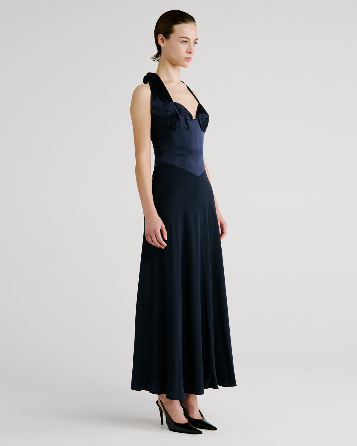 Anya Dress in blue Silk Satin & Silk Crêpe De Chine