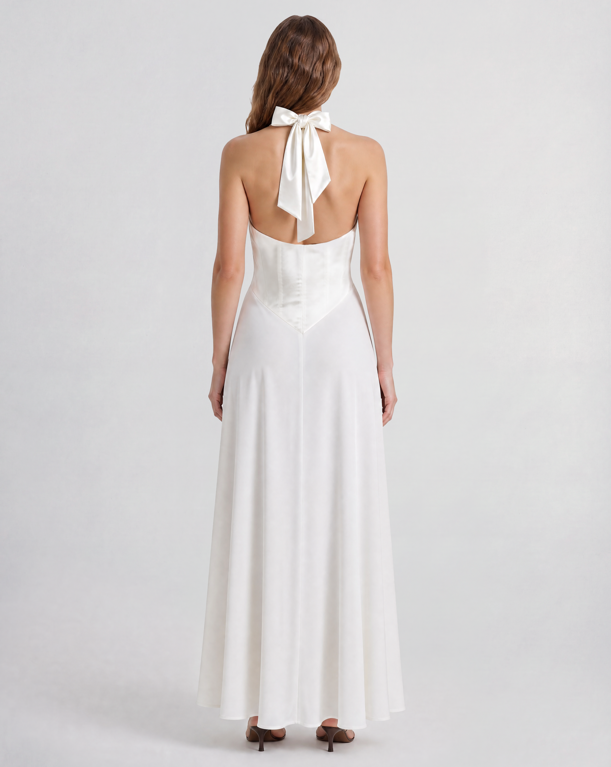 Anya halterneck dress with a sculptural silk satin bodice