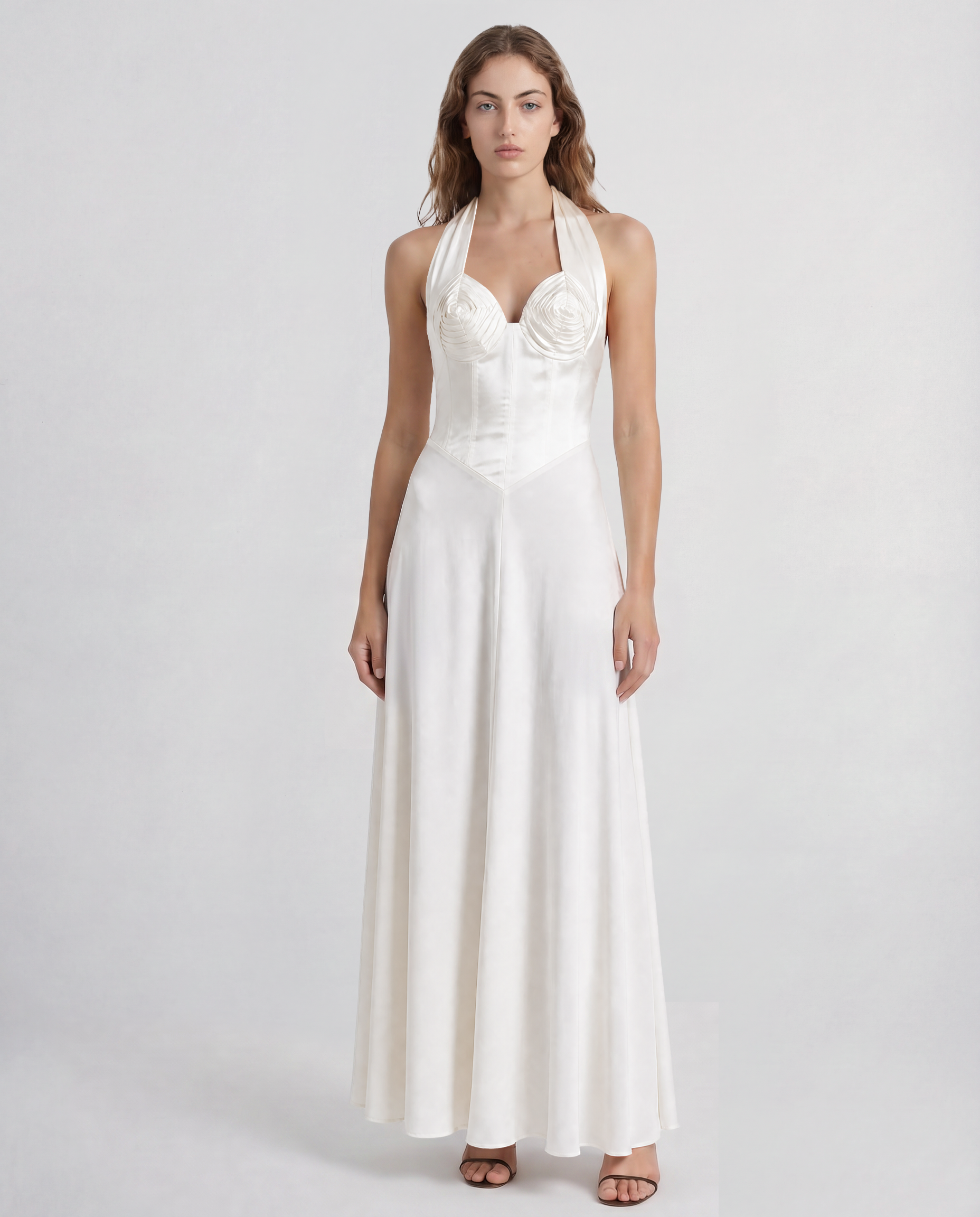 Anya halterneck dress with a sculptural silk satin bodice