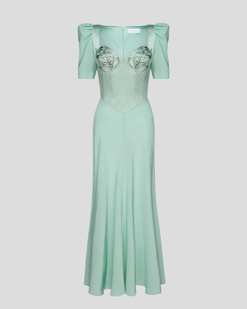Baccarat silk dress with sculptural sleeves and embroidery