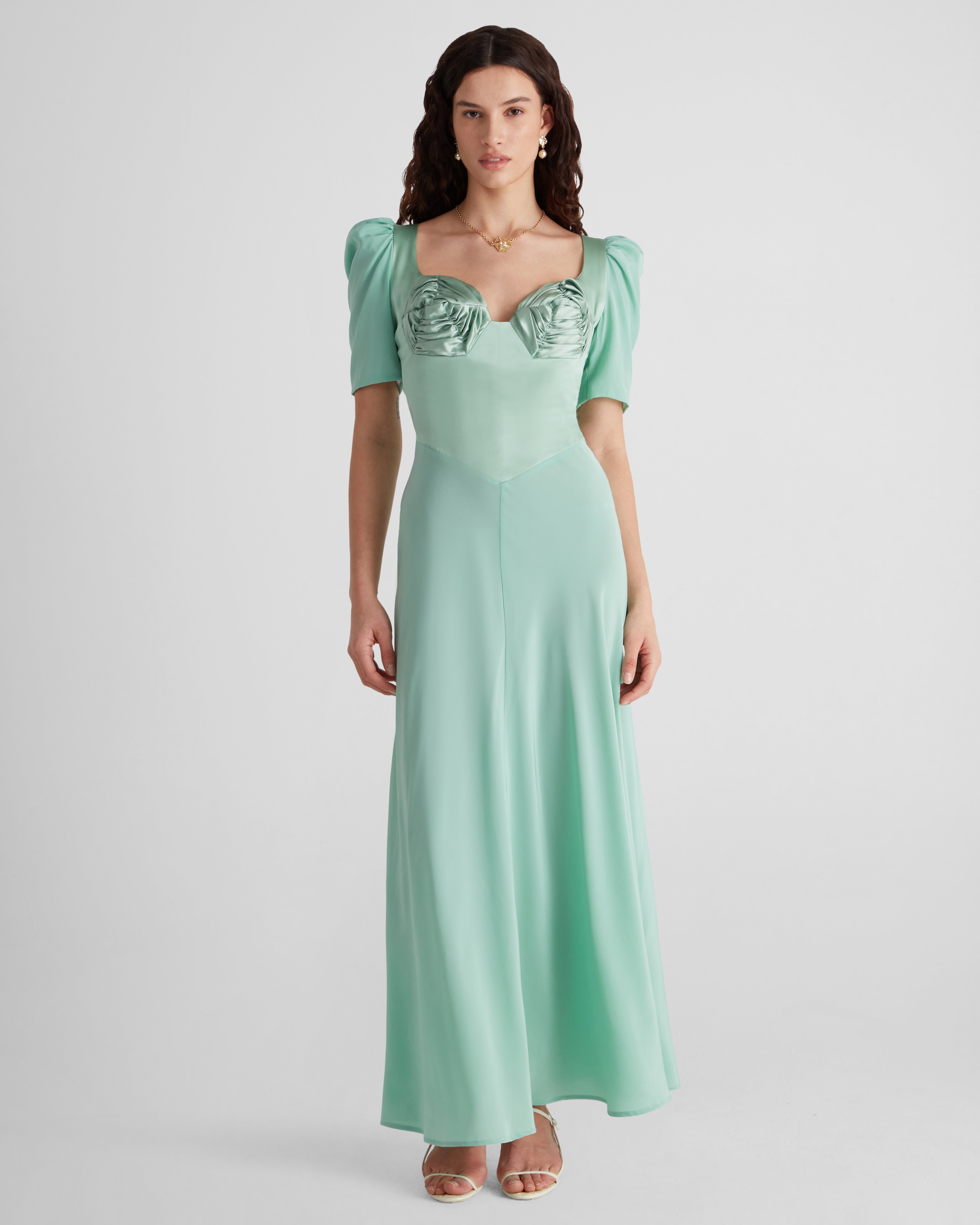 Baccarat silk dress with sculptural sleeves and embroidery