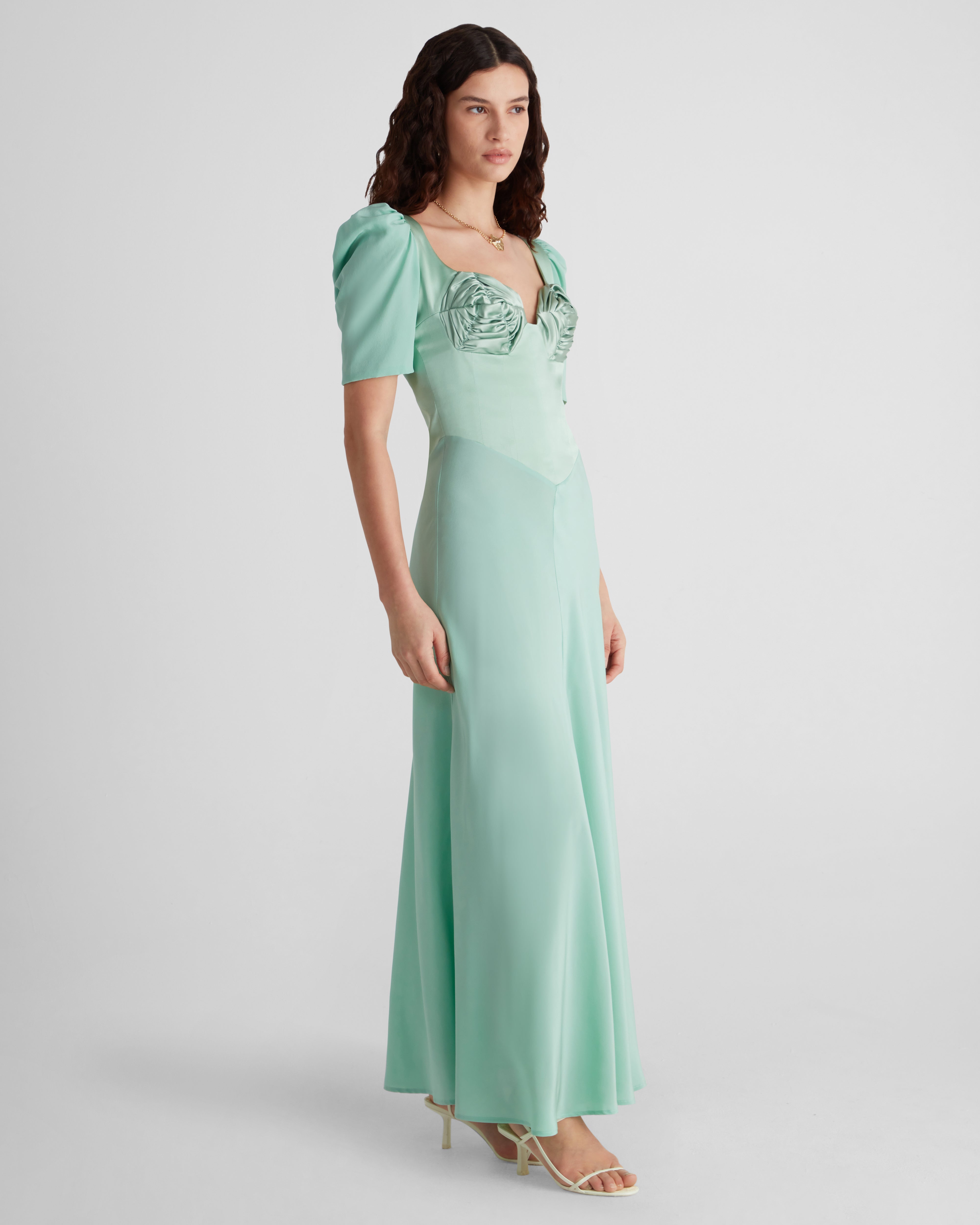 Baccarat silk dress with sculptural sleeves and embroidery