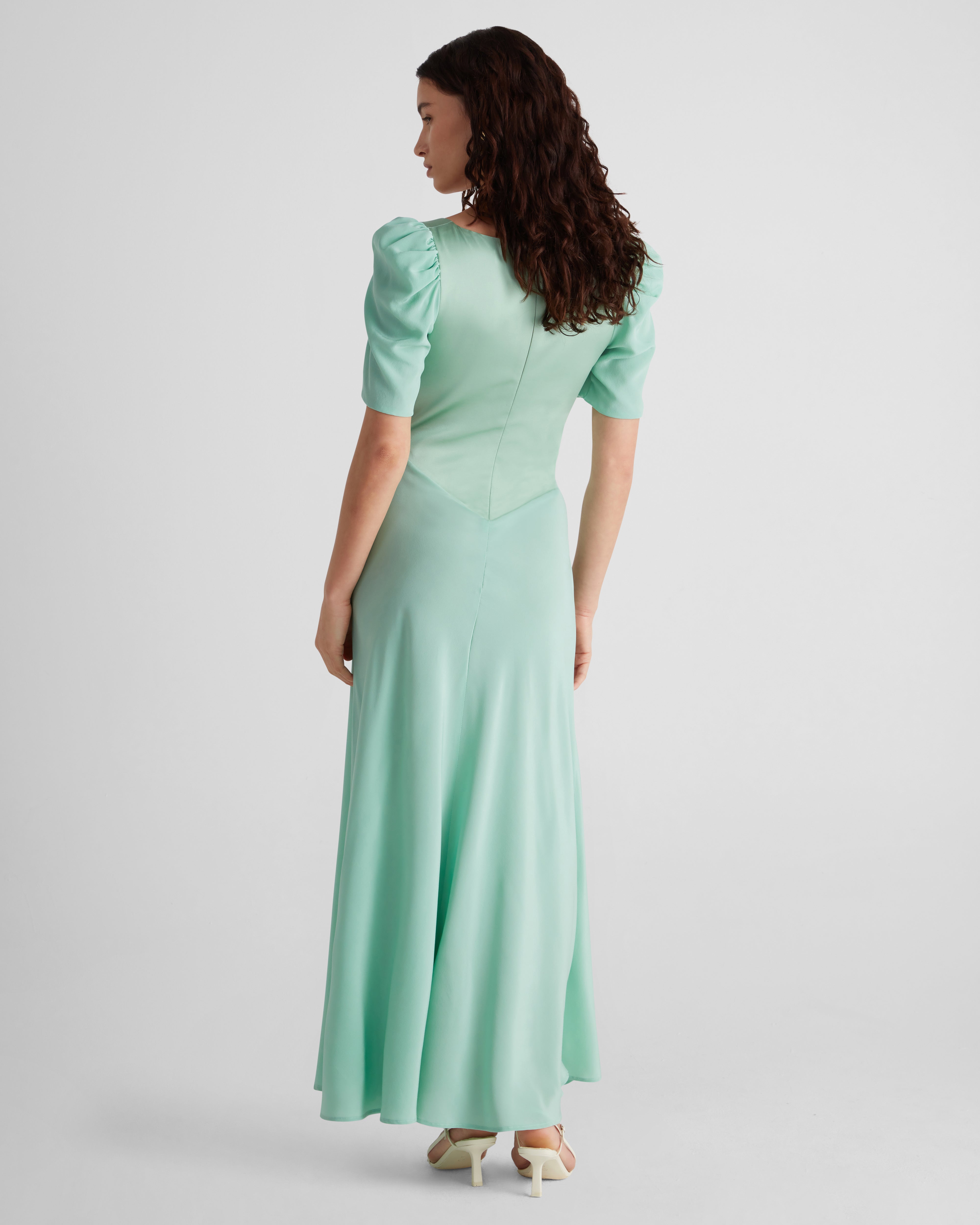 Baccarat silk dress with sculptural sleeves and embroidery