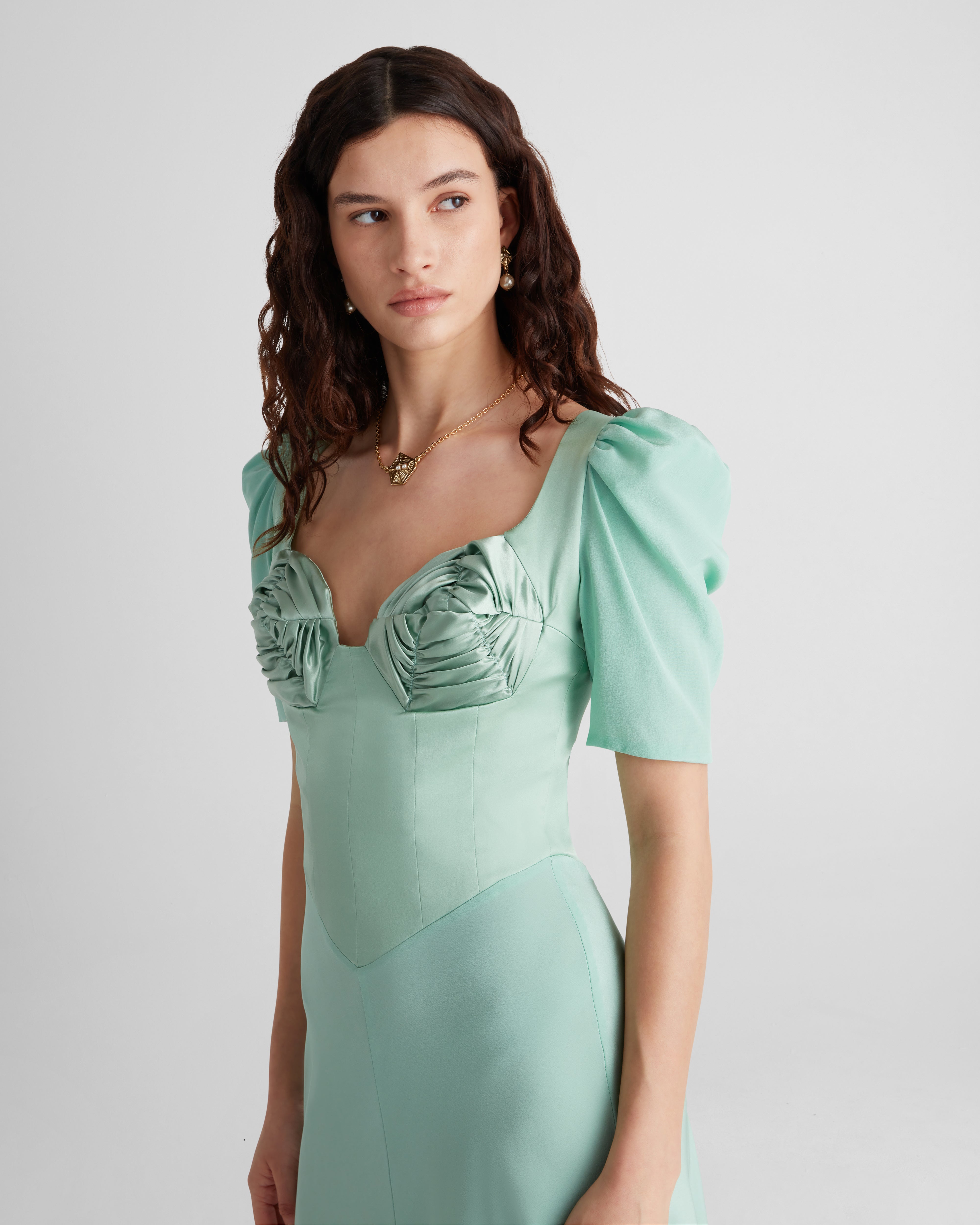 Baccarat silk dress with sculptural sleeves and embroidery