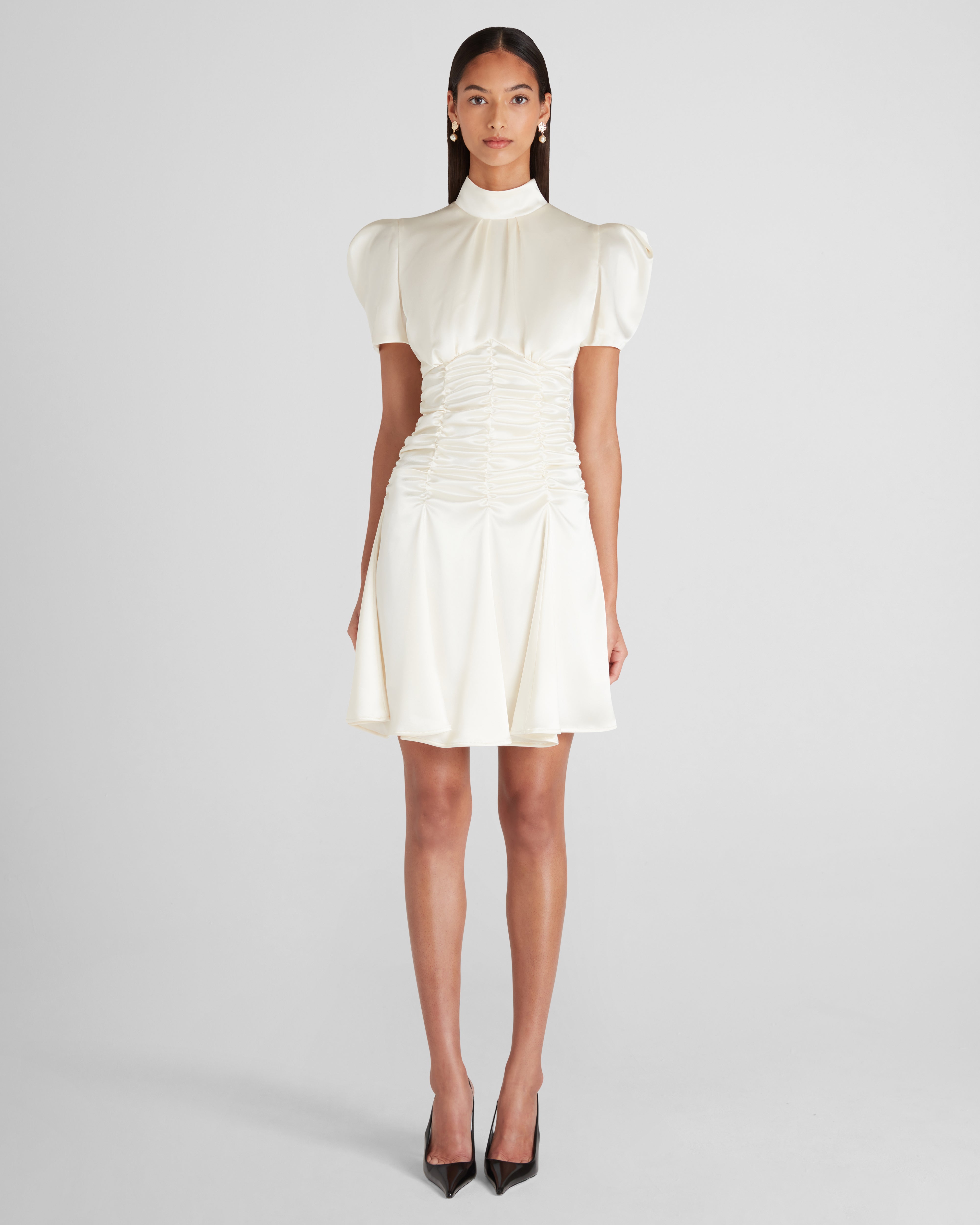 Balthus dress in cady satin with sculptural short sleeves