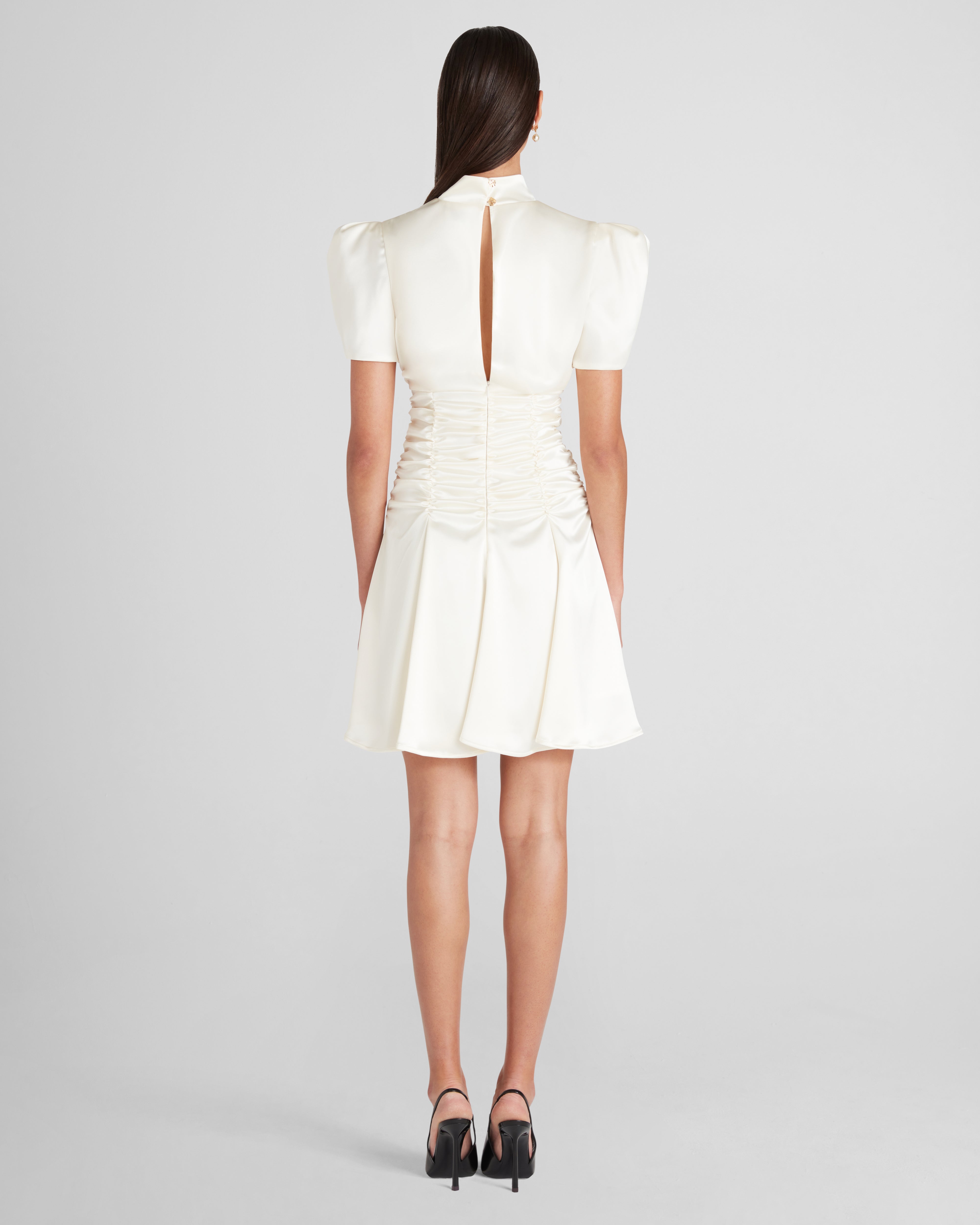 Balthus dress in cady satin with sculptural short sleeves