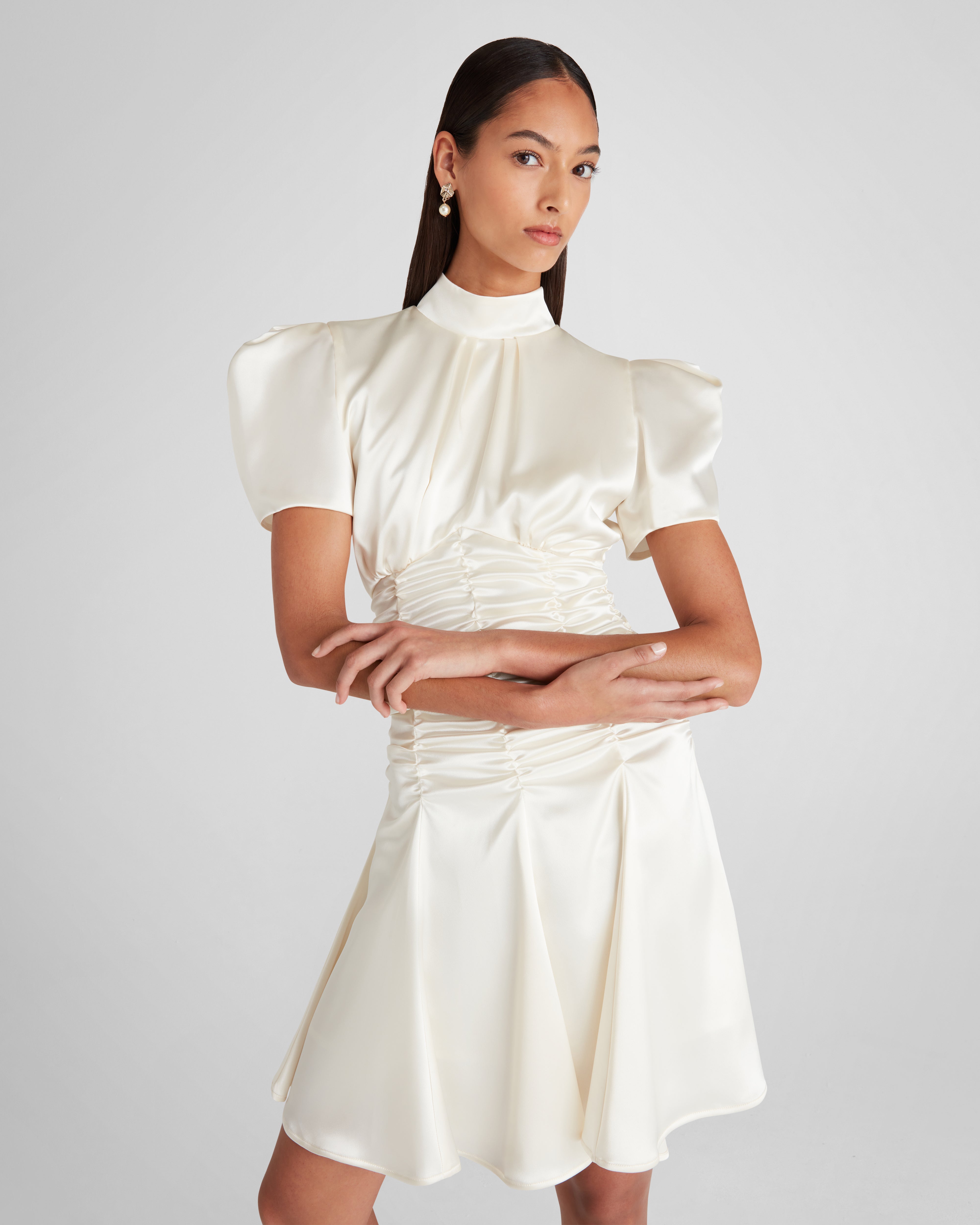 Balthus dress in cady satin with sculptural short sleeves