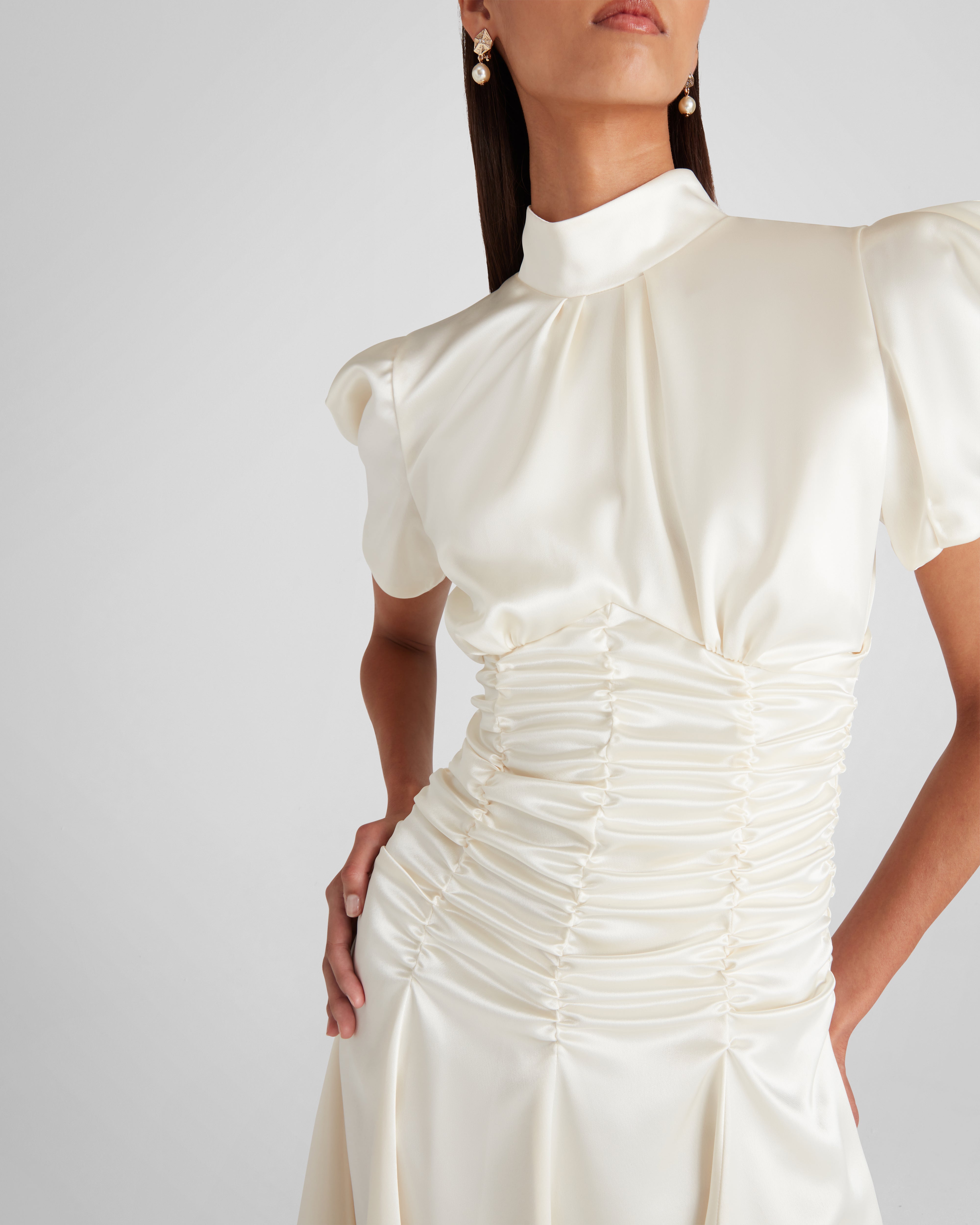 Balthus dress in cady satin with sculptural short sleeves