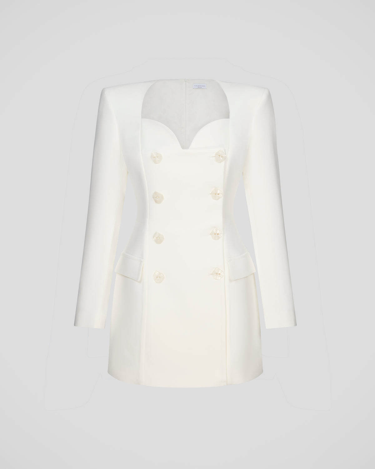 Botero blazer dress with a sculptural sweetheart neckline