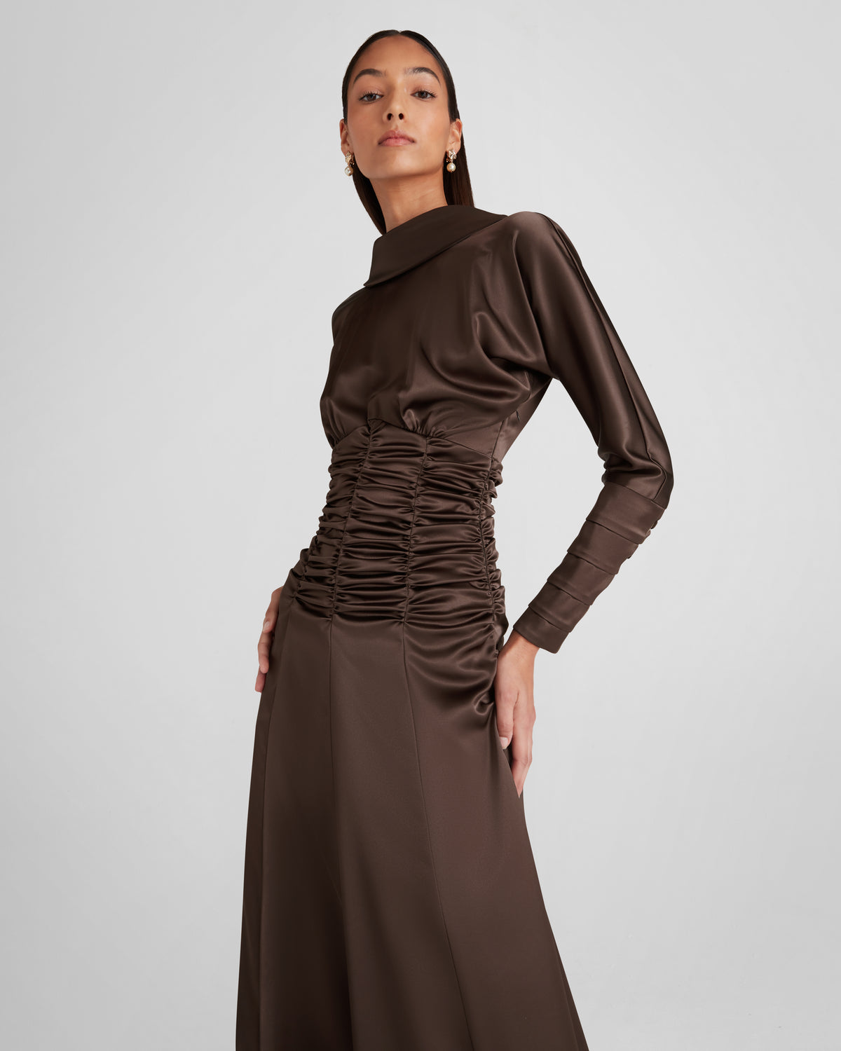 Edgar Dress in brown Cady Satin