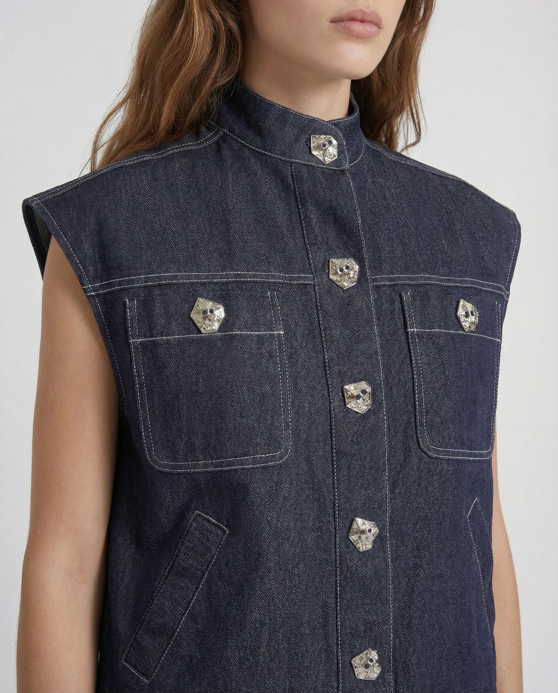 Fia denim vest in superior organic denim with palladium buttons