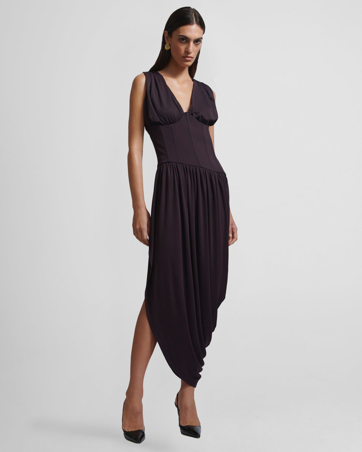 Fila dress with a sculptural bustier in draped crepe jersey