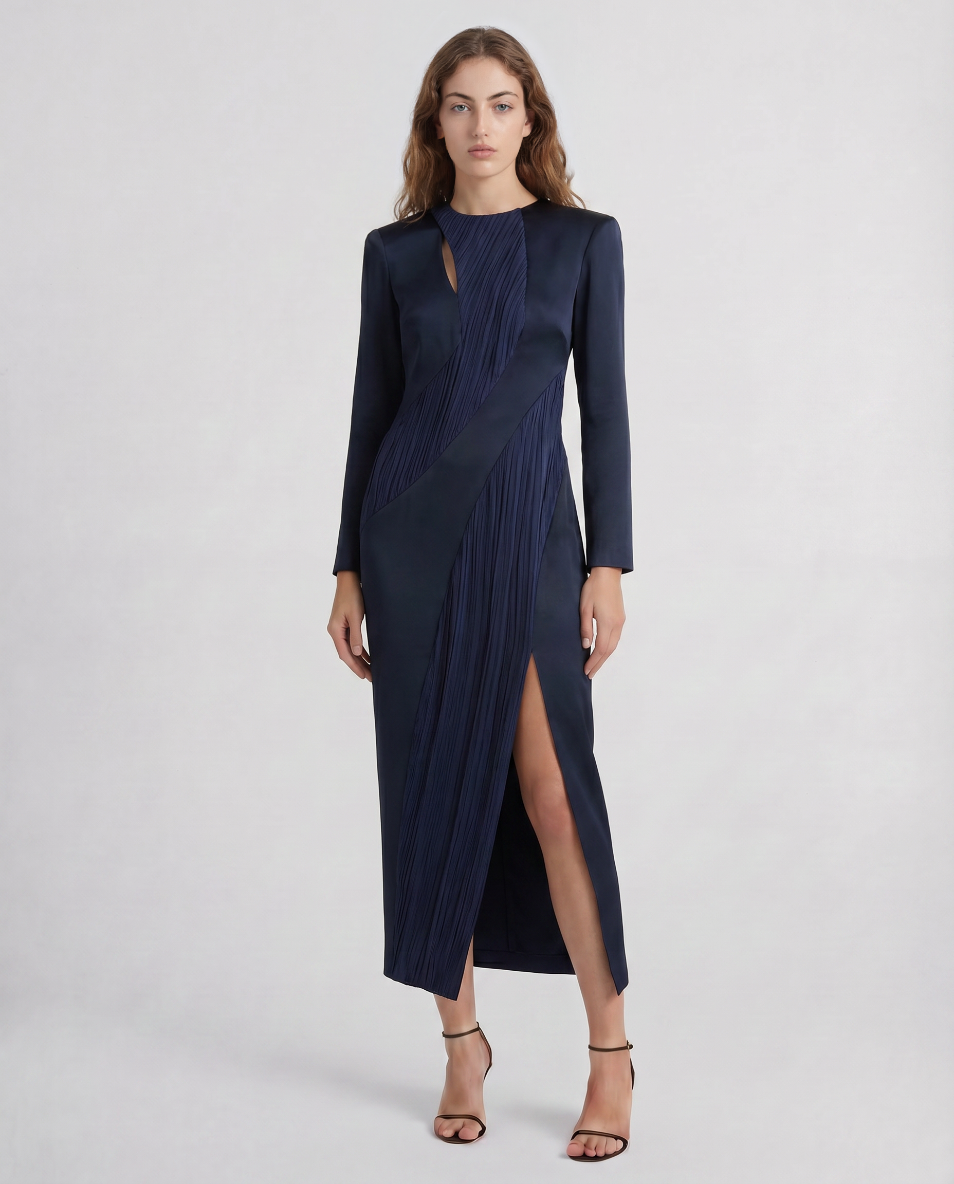 Fontana dress in cady with sculptural silk panels