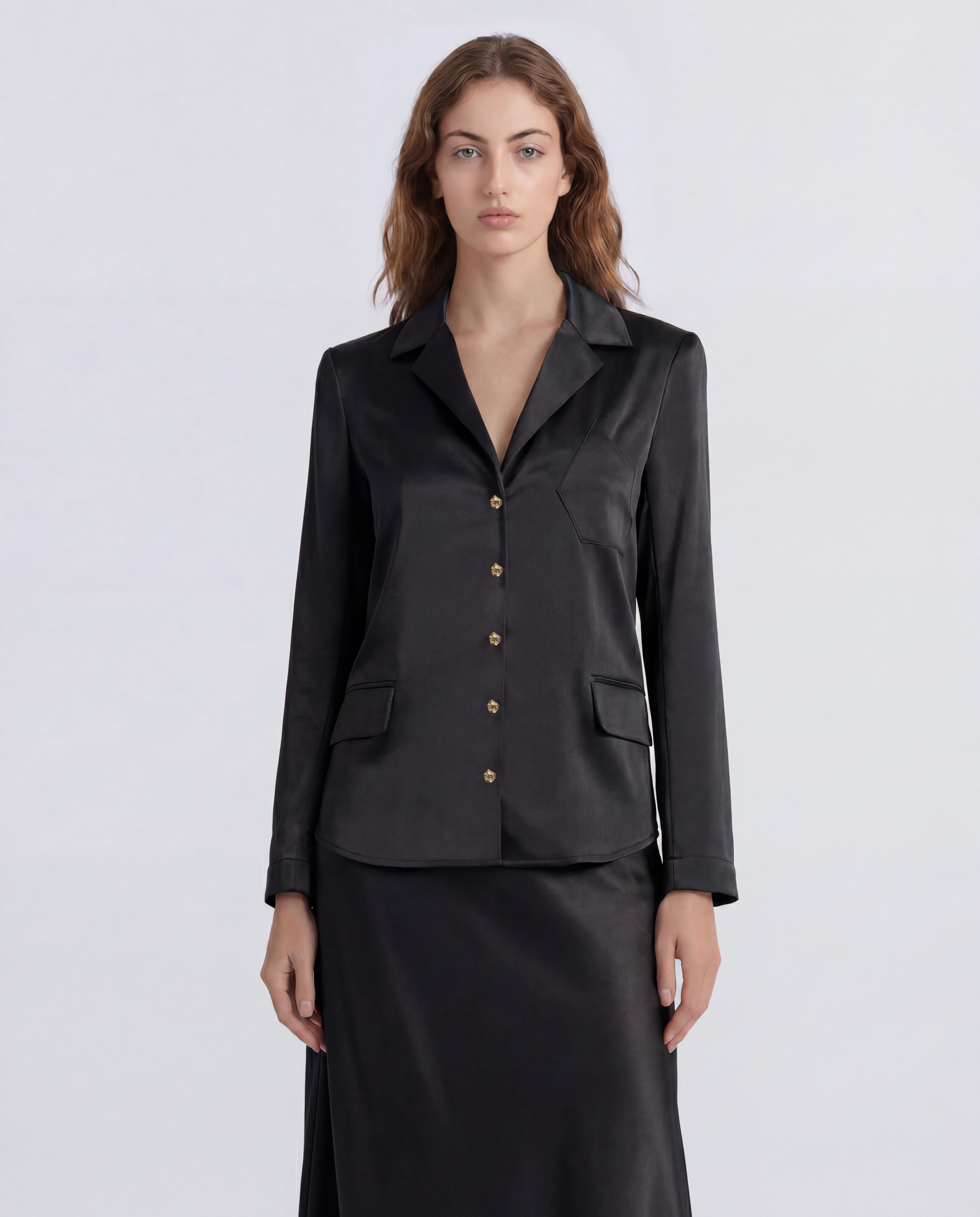 Joli blouse in cady satin with sculptural shoulders