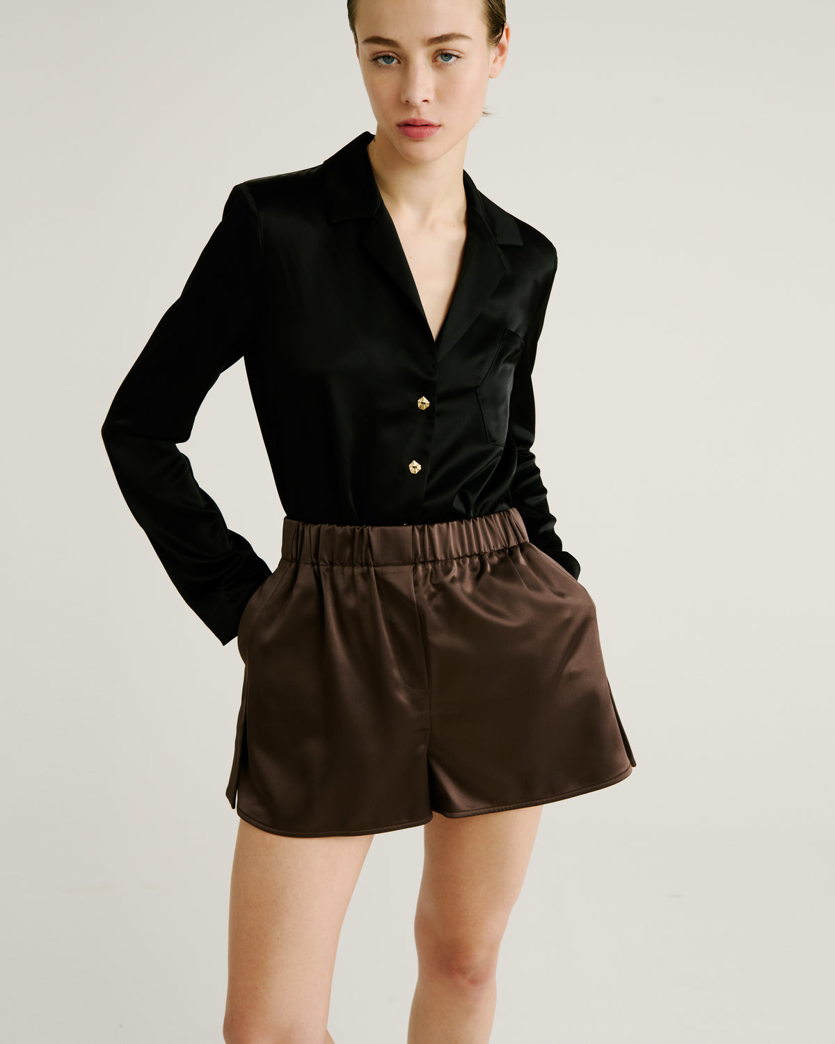 Hopper Shorts in brown Cady Satin