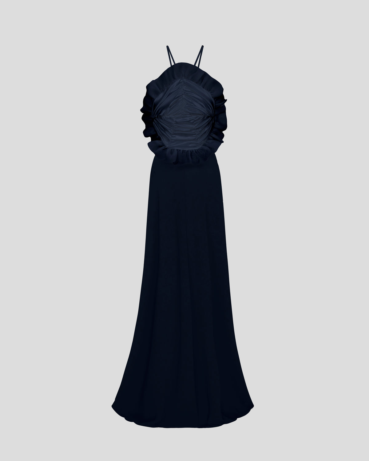 June 22nd gown with a sculptural halter and backless form